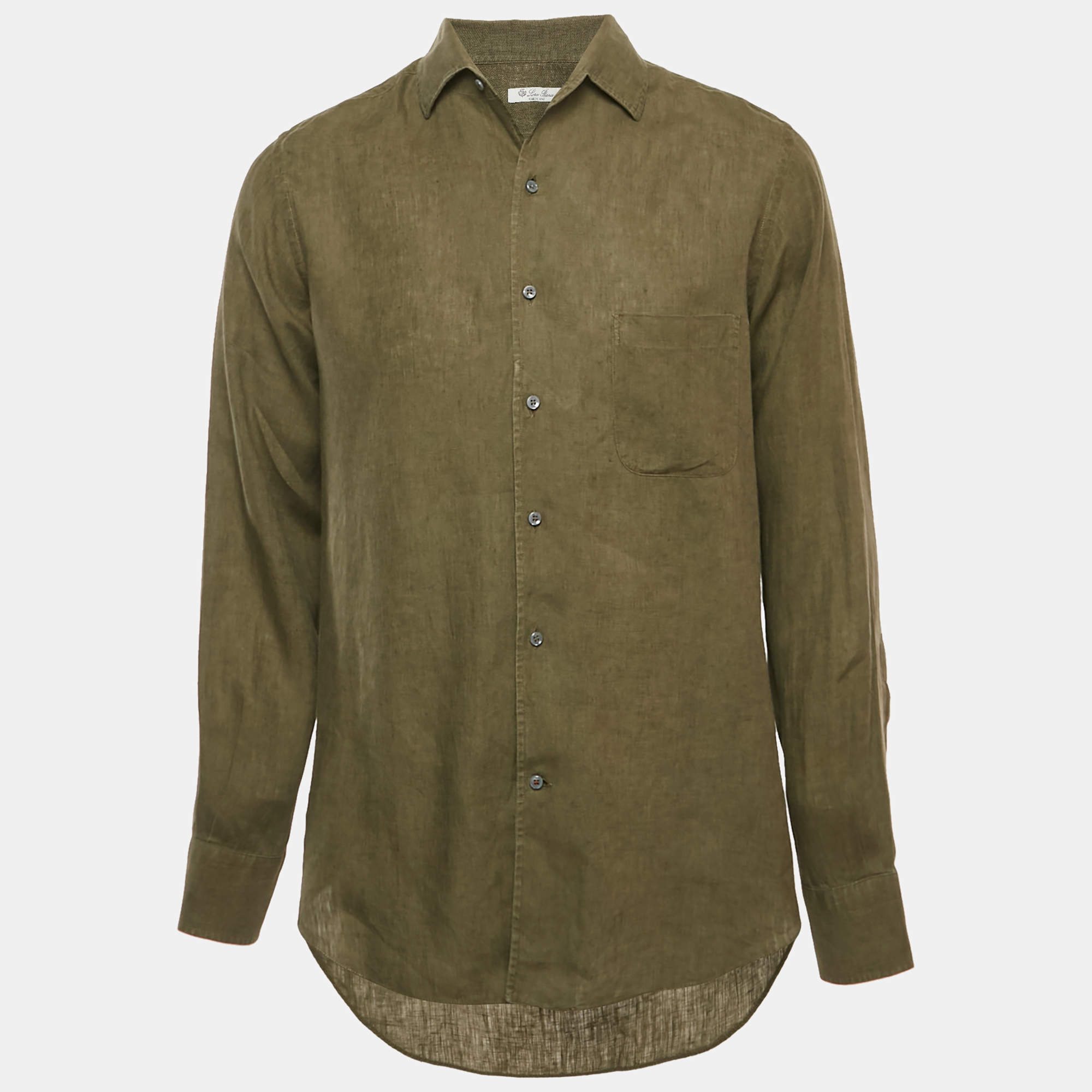 Pre Owned Loro Piana Khaki Green Linen Button Front Shirt M