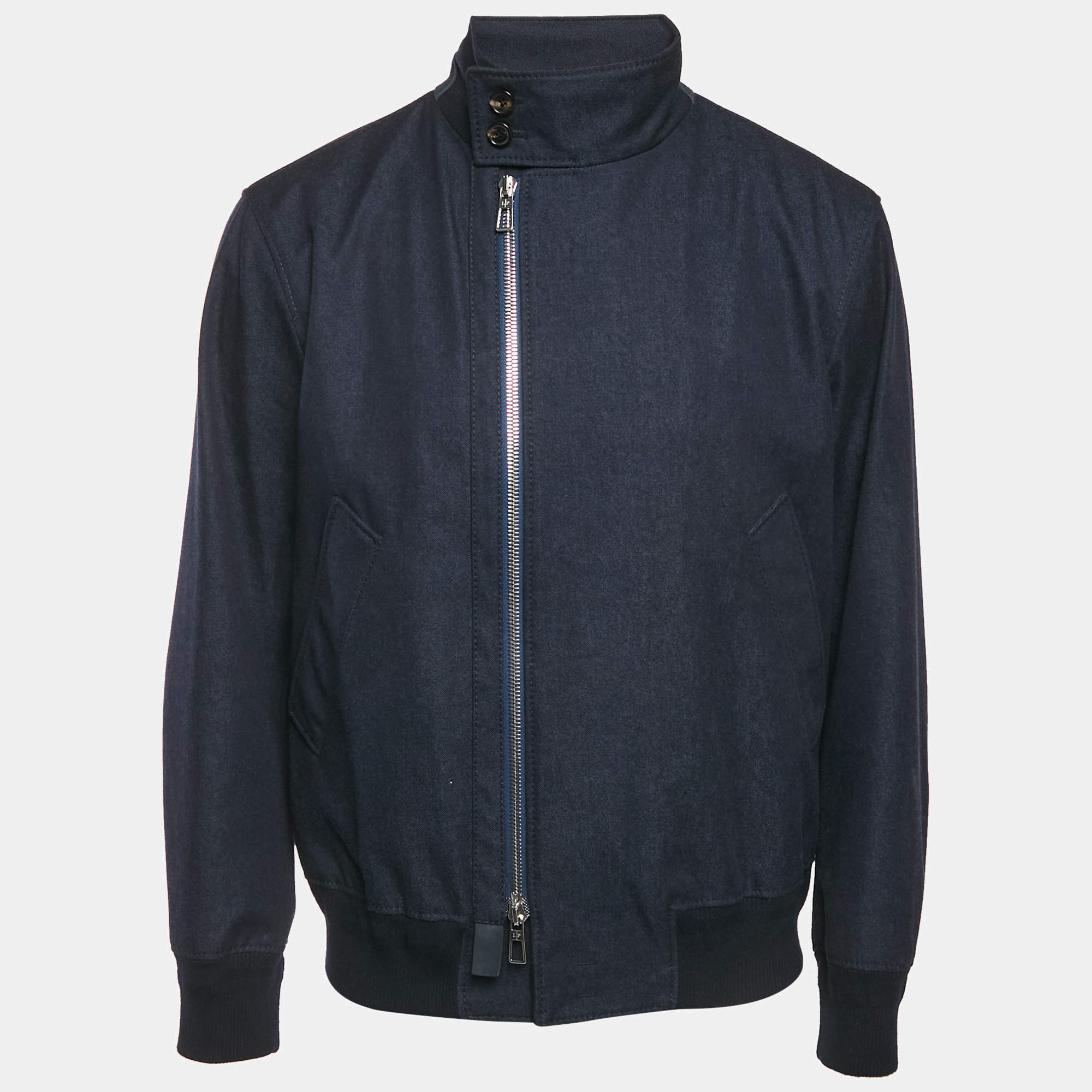 Pre Owned Loro Piana Navy Blue Wool Blend Zip-Up High Neck Jacket M