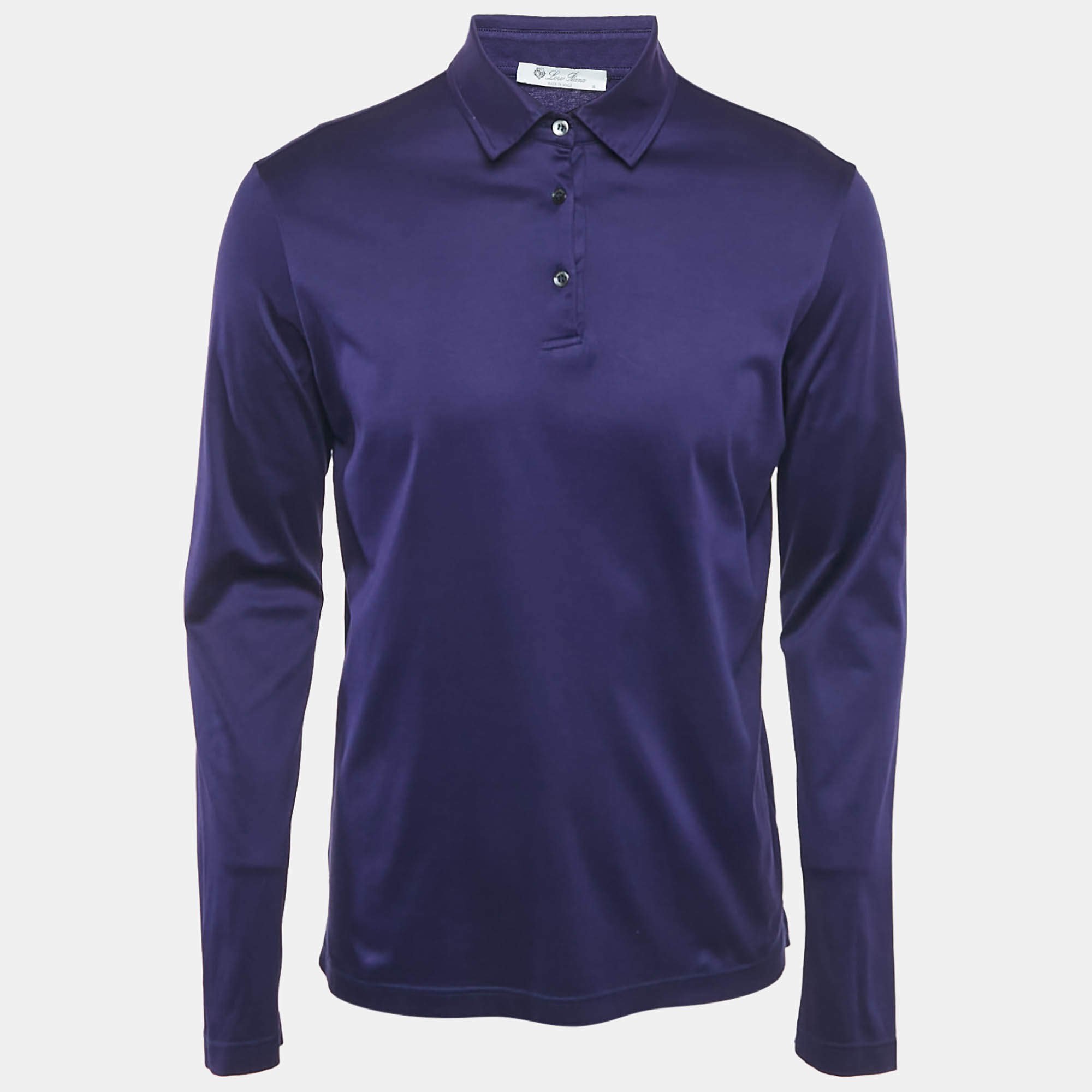 Pre Owned Loro Piana Navy Blue Cotton Long Sleeve Polo T-Shirt M
