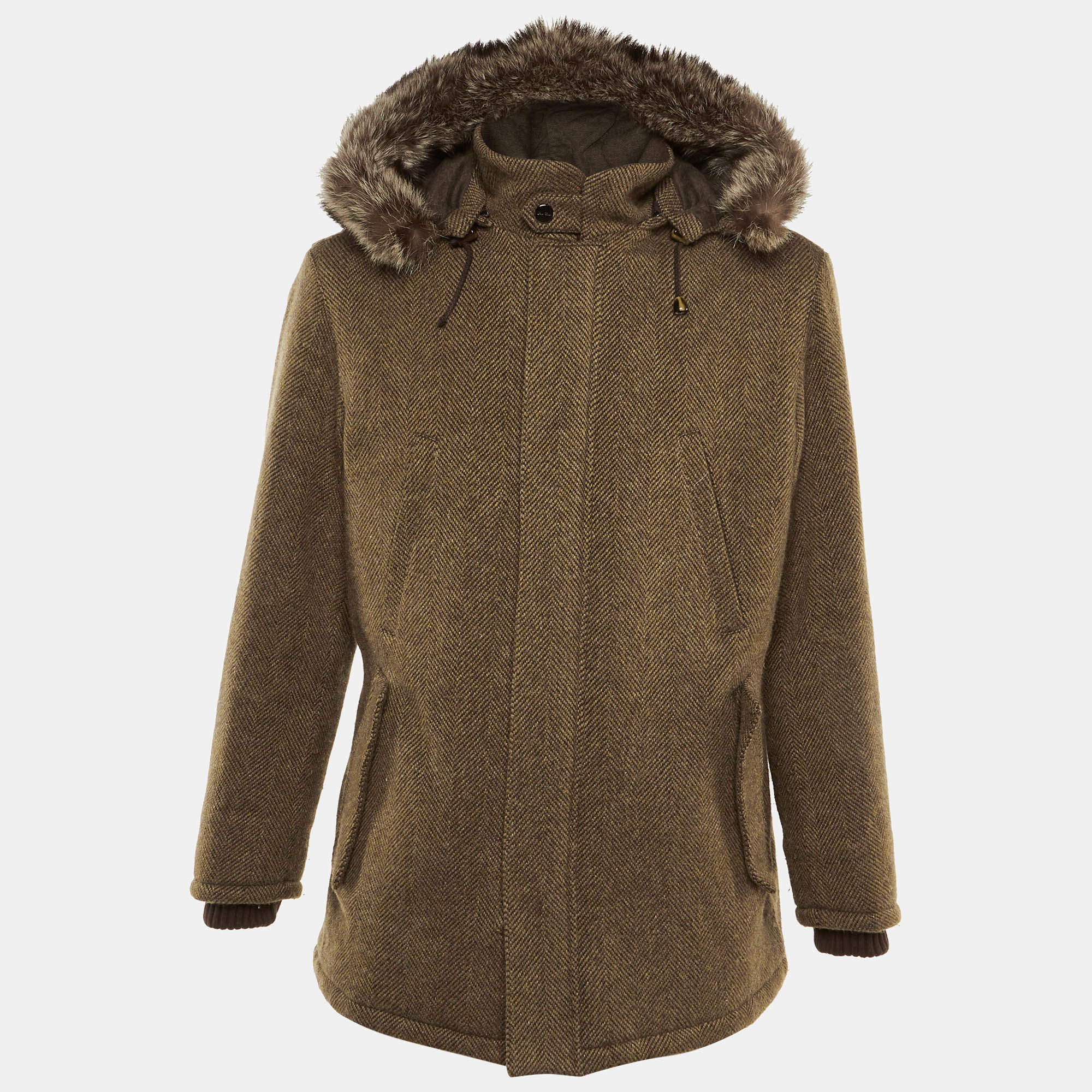 Pre Owned Loro Piana Brown Cashmere Fur Trim Storm System Coat L