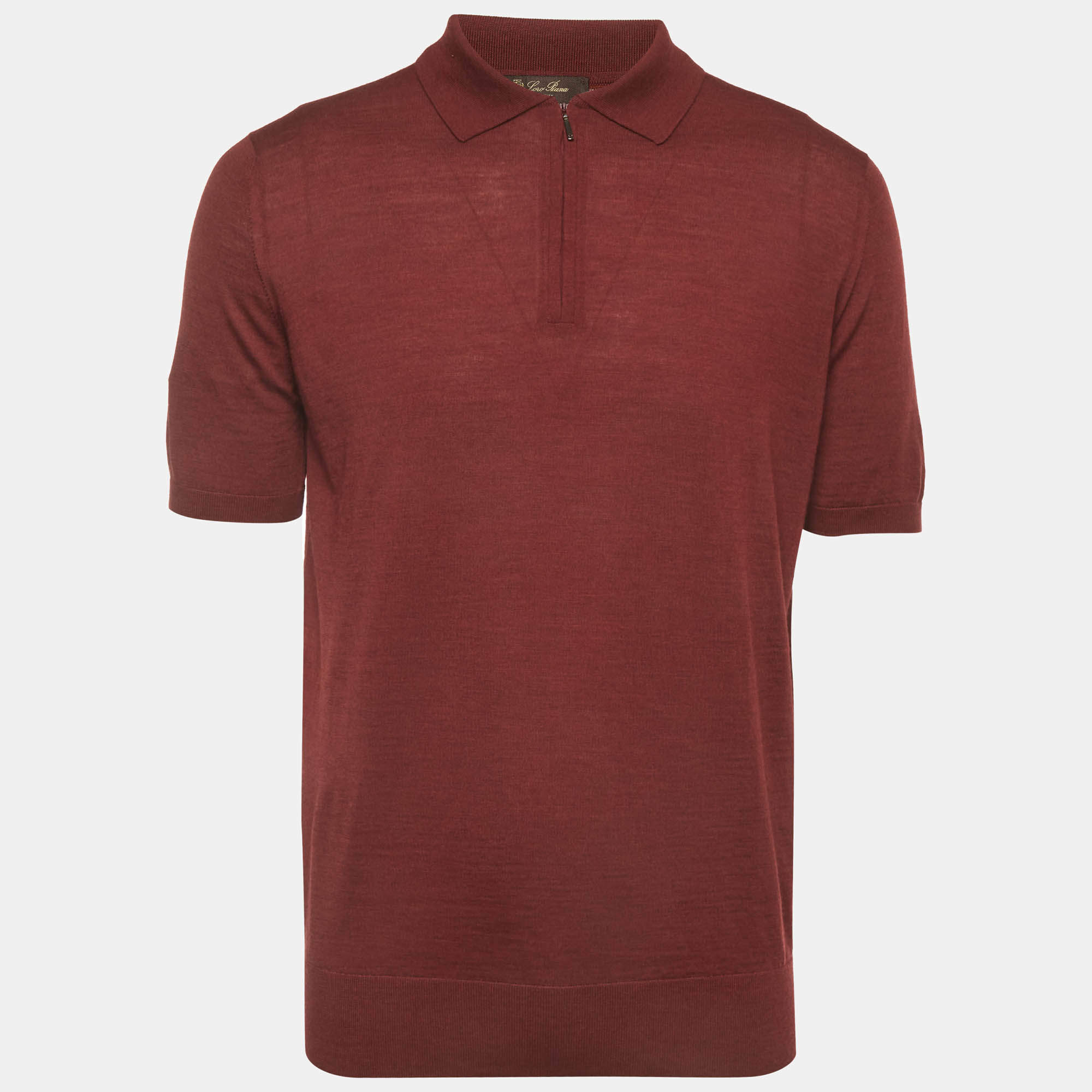 Pre Owned Loro Piana Burgundy Wool Knit Quarter-Zip Polo T-Shirt L