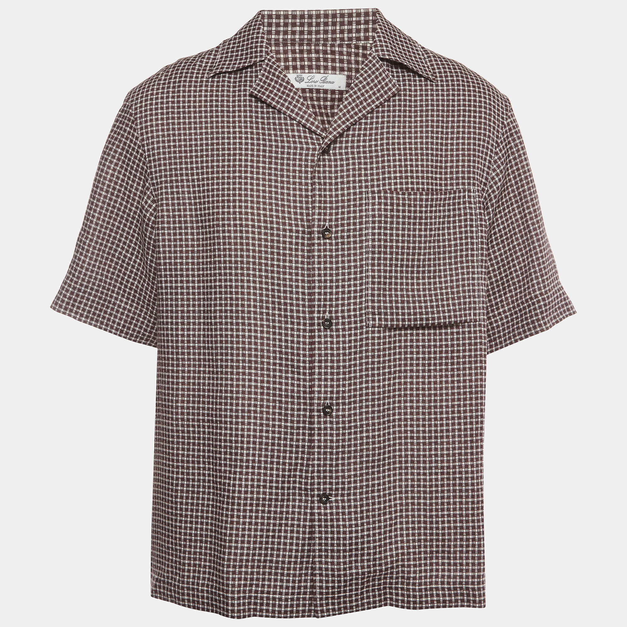 Pre Owned Loro Piana Brown/White Checked Linen Bowling Shirt M