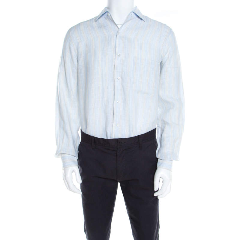 Pre Owned Loro Piana Pale Blue Striped Button Front Andre Linen Shirt M