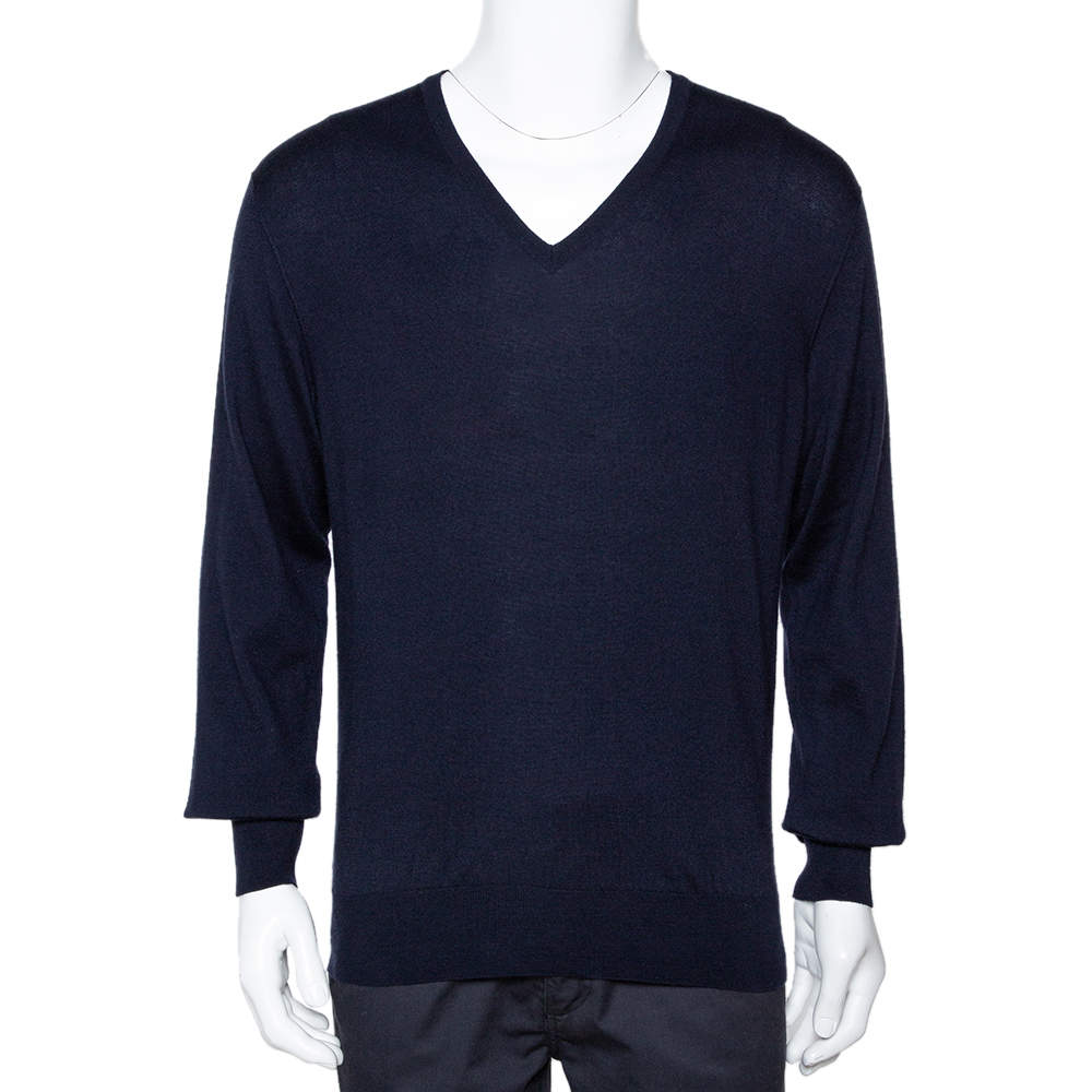 Pre Owned Loro Piana Navy Blue Cashmere V-Neck Sweater XL