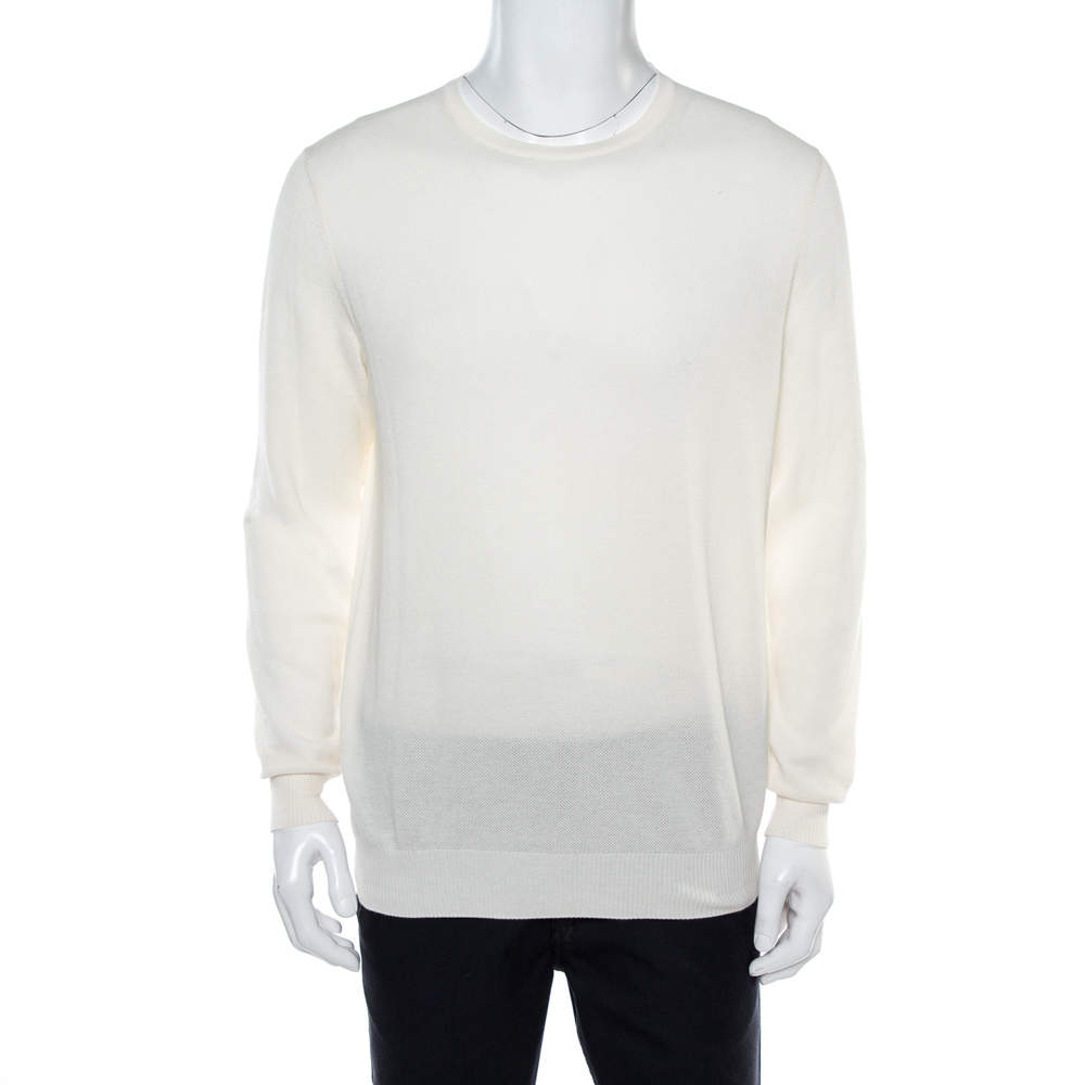 Pre Owned Loro Piana Off White Knit Crew Neck Jumper L