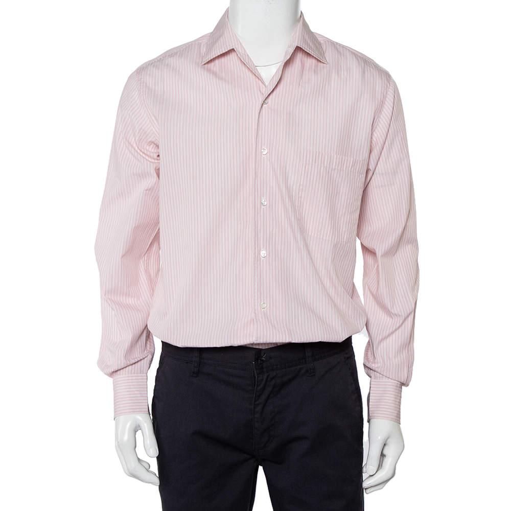 Pre Owned Loro Piana Pink Striped Cotton Button Front Shirt M