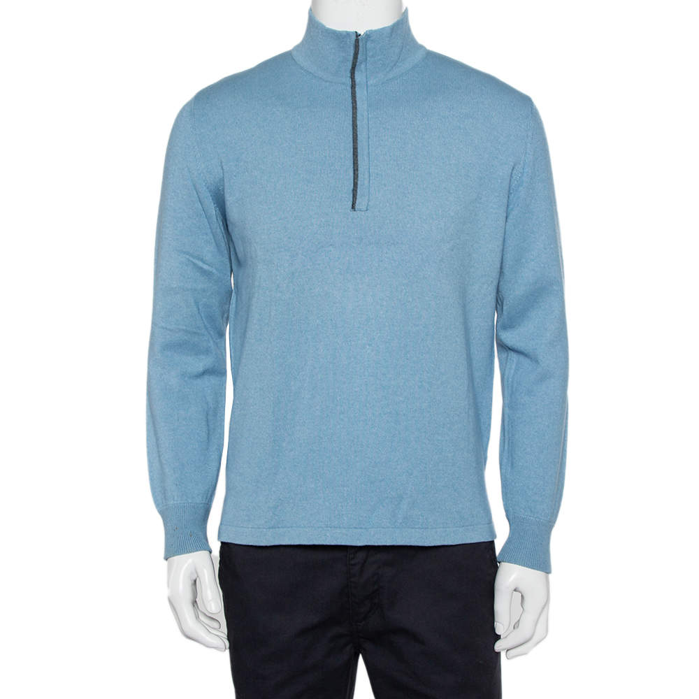 Pre Owned Loro Piana Blue Cashmere & Silk Half Zip High Neck Sweater M