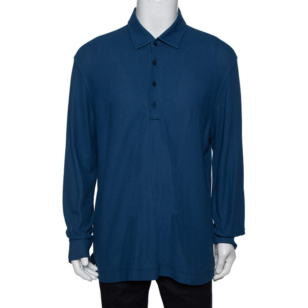 Loro Piana Blue Cotton Pique long Sleeve Polo T Shirt 3XL