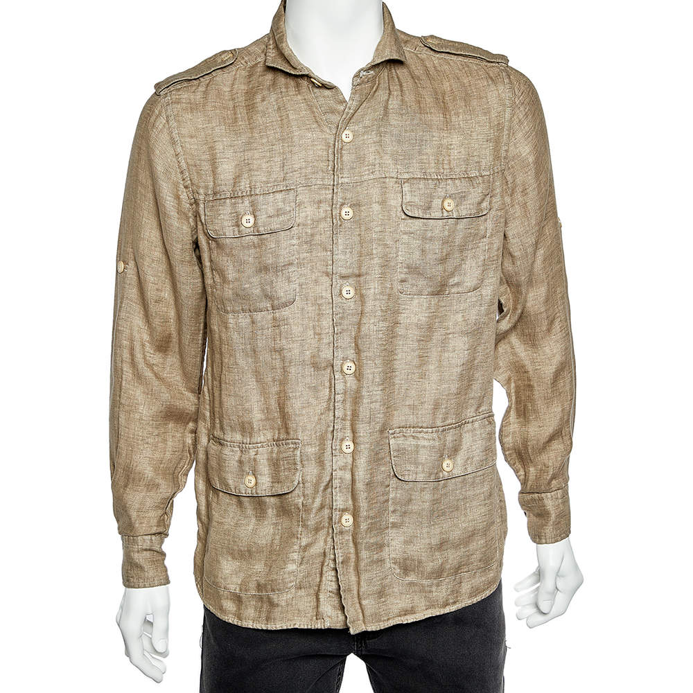 Pre Owned Loro Piana Camel Brown Linen Pocket Detail Shirt M