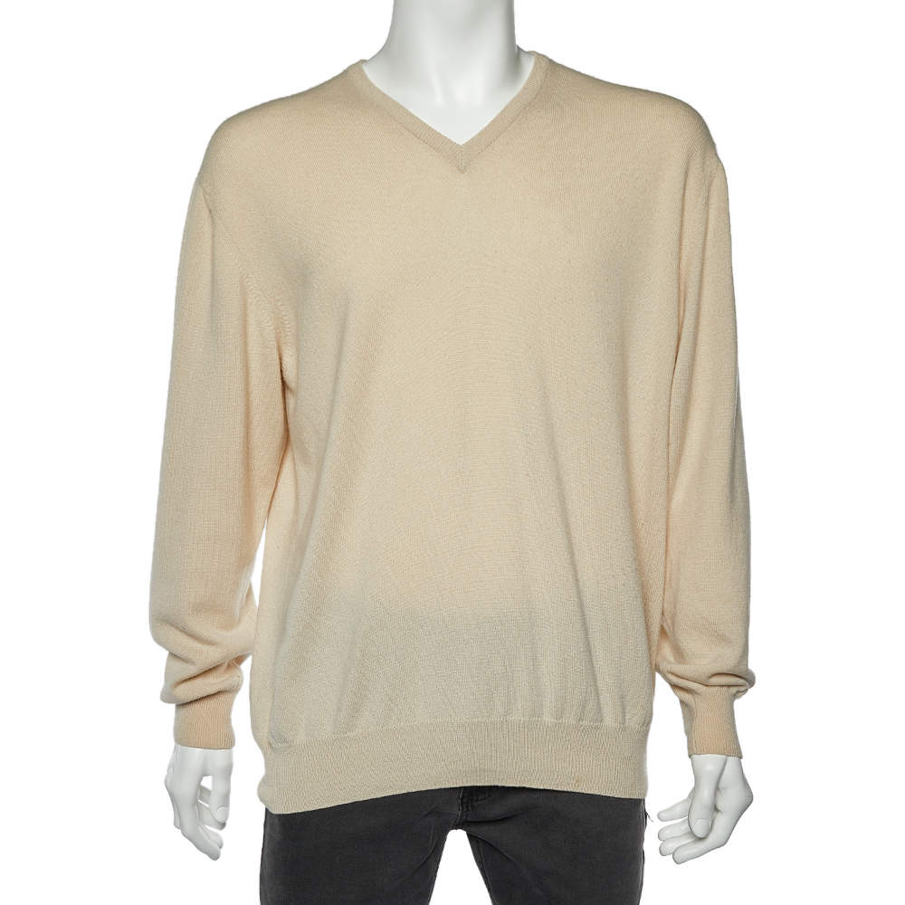 Pre Owned Loro Piana Beige Cashmere Knit V Neck Sweater XL