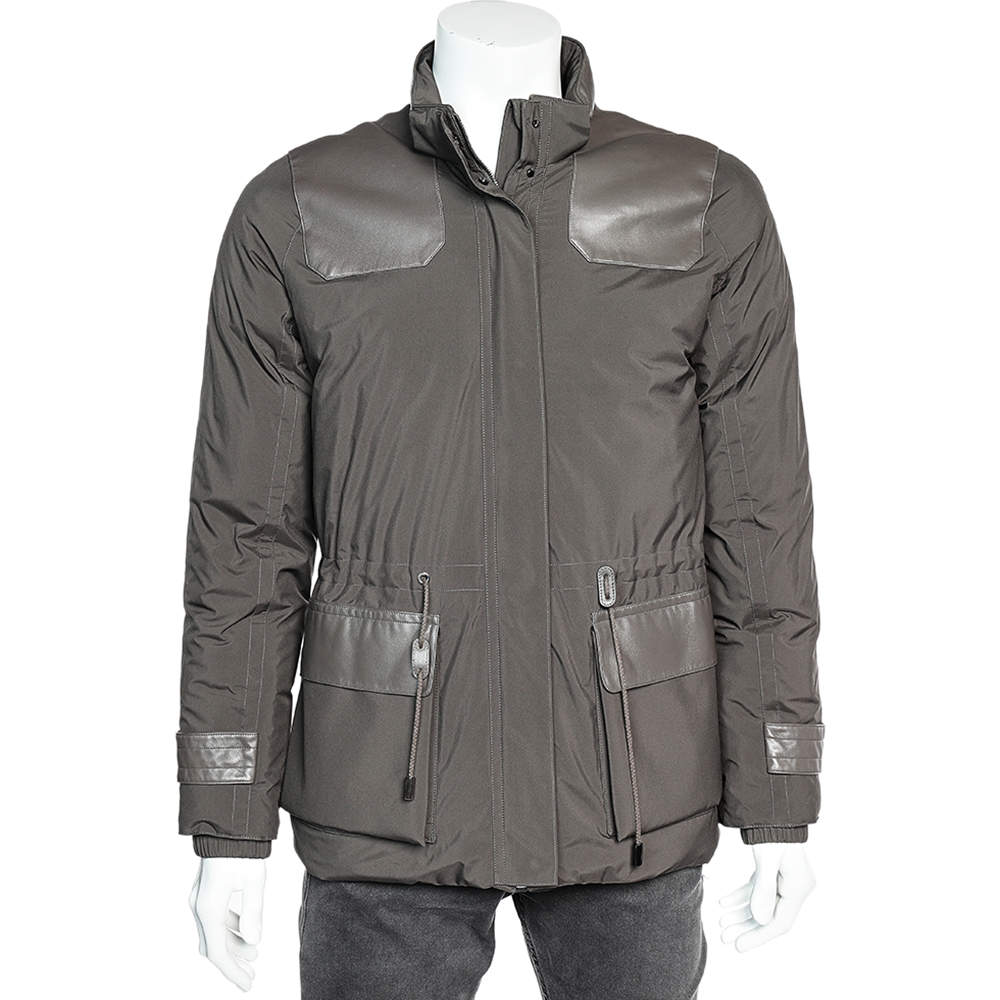 Pre Owned Loro Piana Brown Synthetic Leather Patch Detail Down Jacket XS