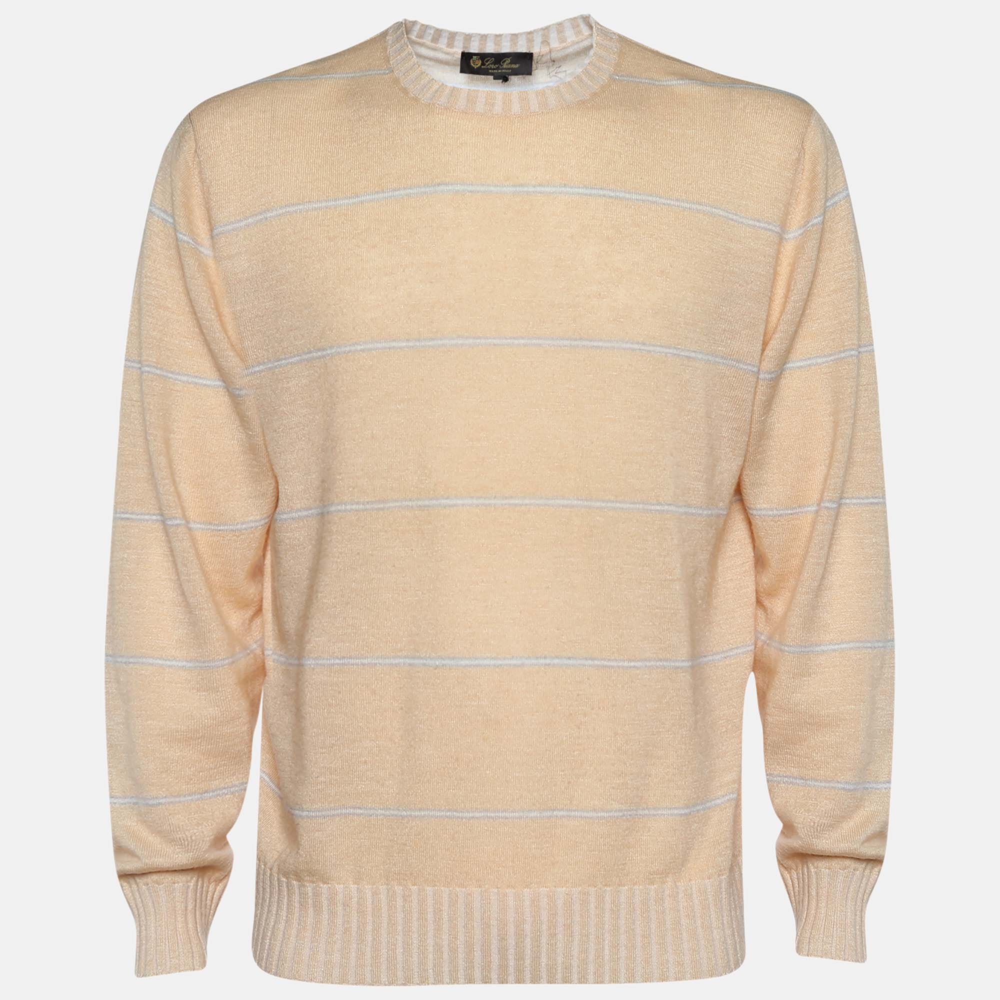 Pre Owned Loro Piana Peach Striped Cashmere Knit Long Sleeve Sweater XL