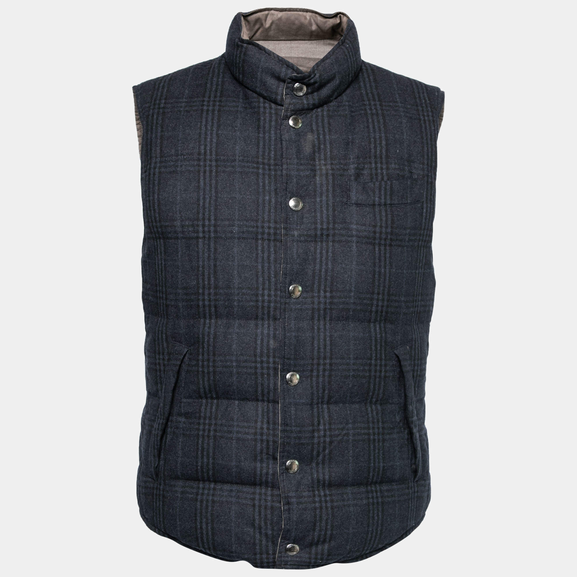 Loro Piana Blue Checkered Wool Sleeveless Puffer Jacket L