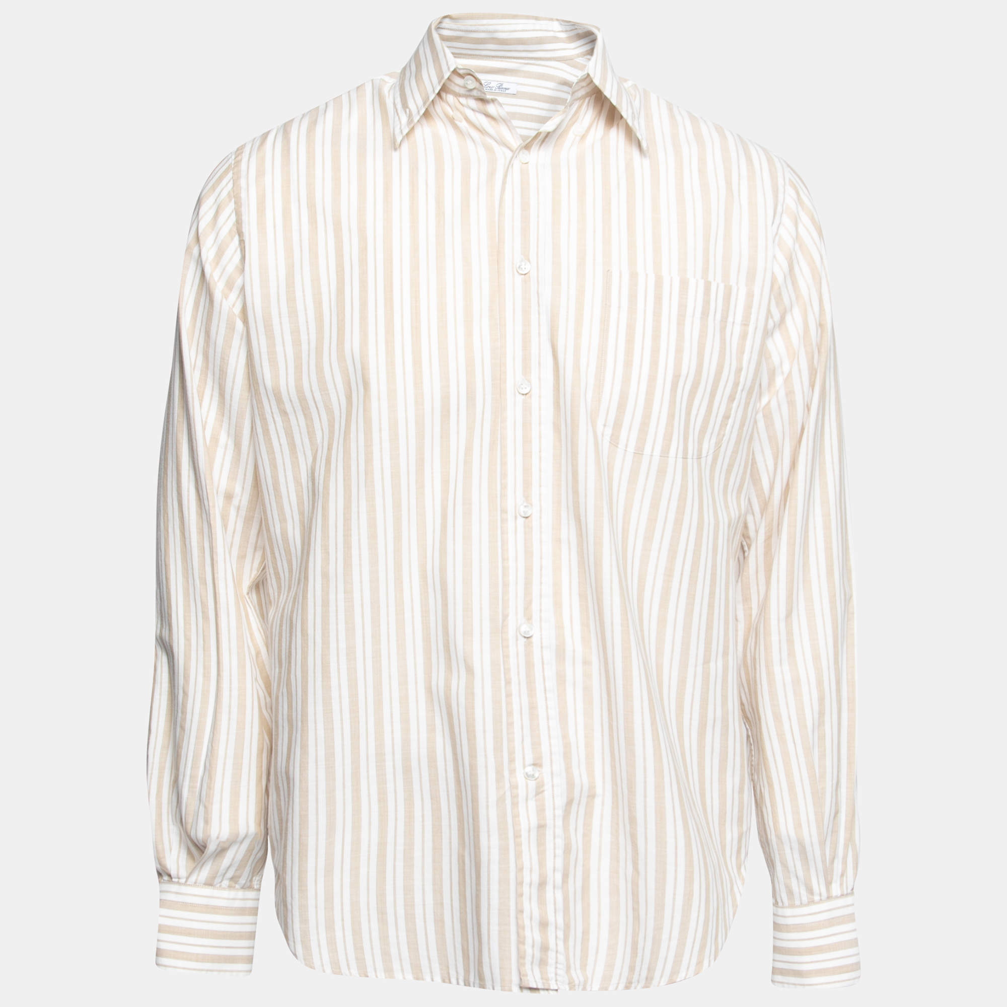 Pre Owned Loro Piana Beige & White Striped Cotton Button Front Shirt L