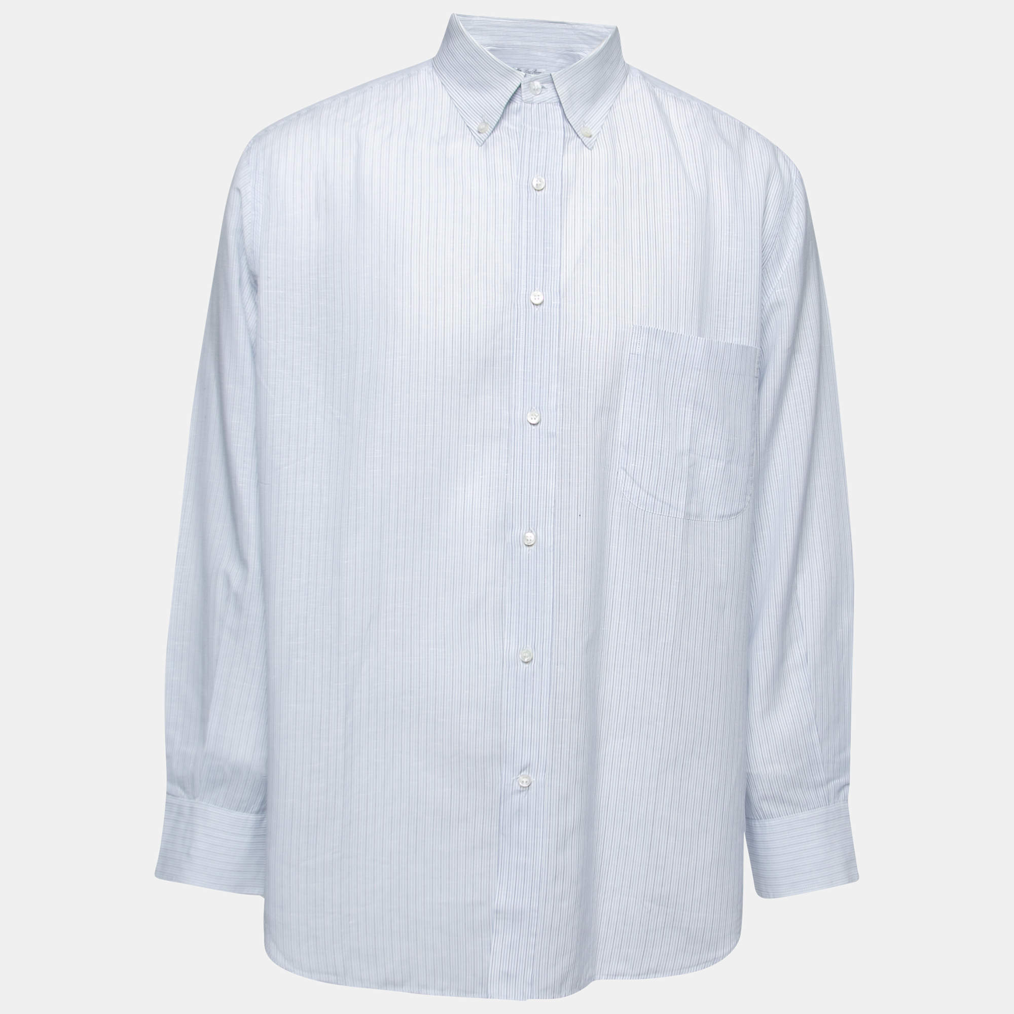 Pre Owned Loro Piana Blue Striped Cotton & Linen Button Down Shirt 2XL