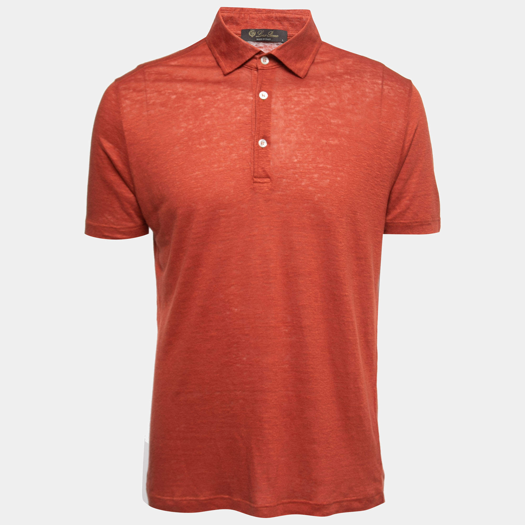 Pre Owned Loro Piana Orange Linen Short Sleeve Polo T-Shirt L