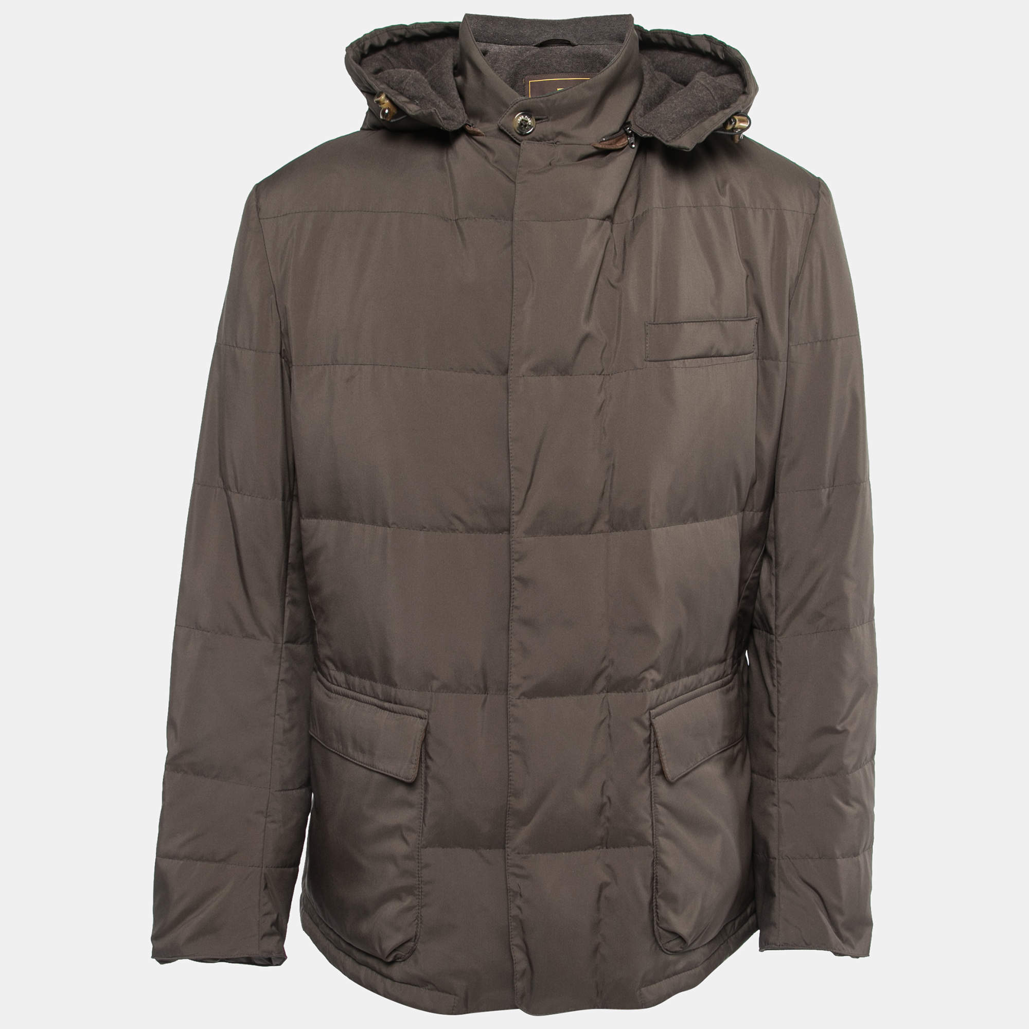 Pre Owned Loro Piana Dusty Brown Synthetic Hooded Down Jacket L