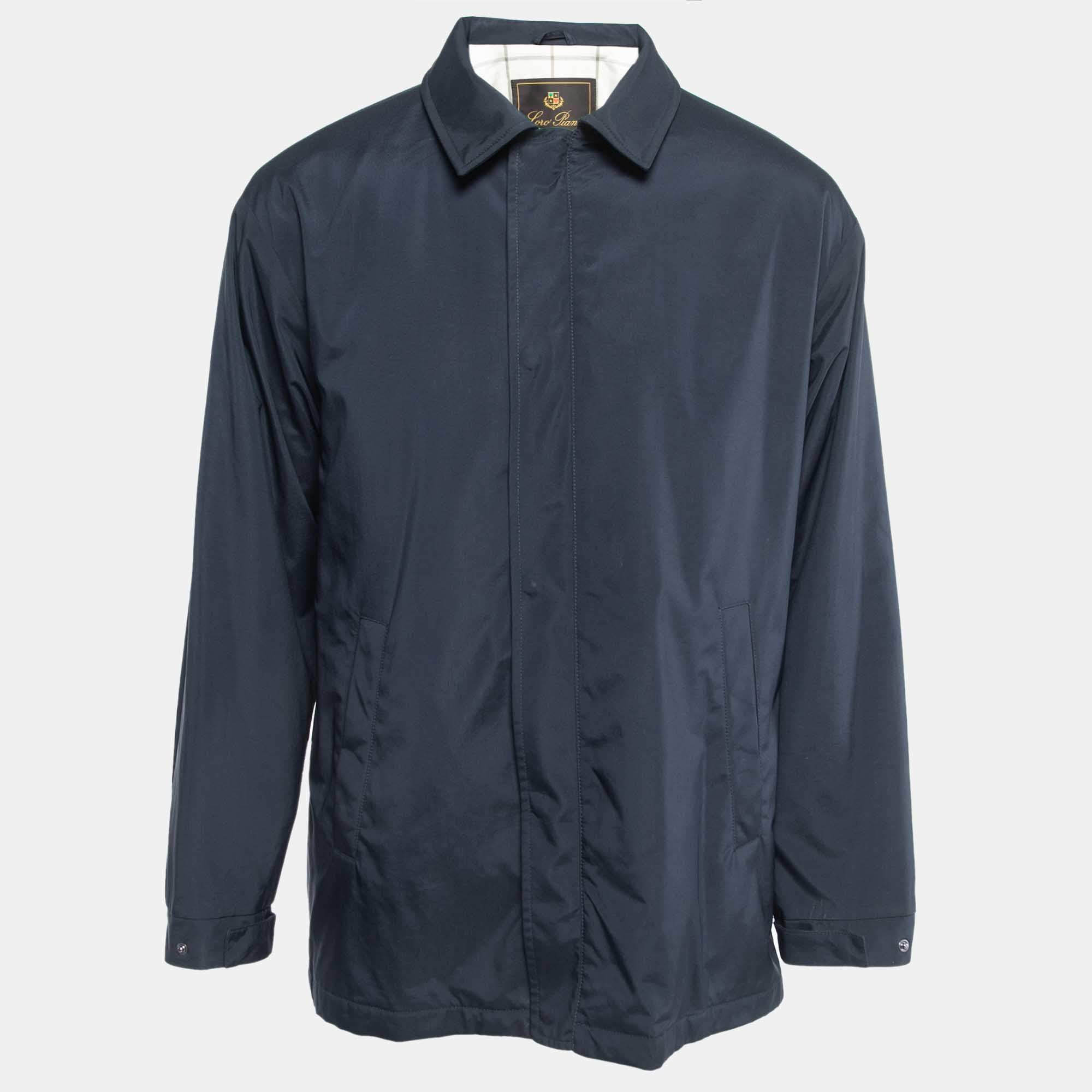 Pre Owned Loro Piana Navy Blue Nylon Zip Front Jacket M