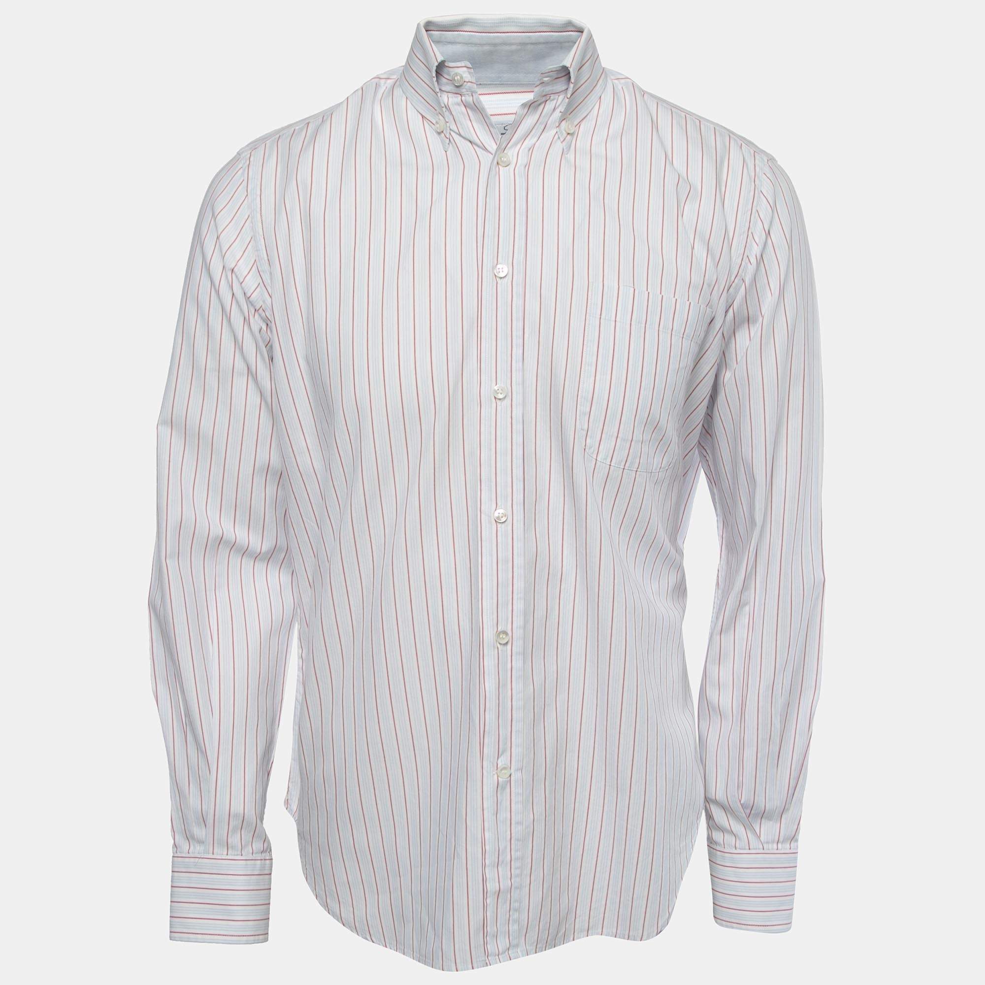 Pre Owned Loro Piana White Striped Cotton Button Front Full Sleeve Shirt M