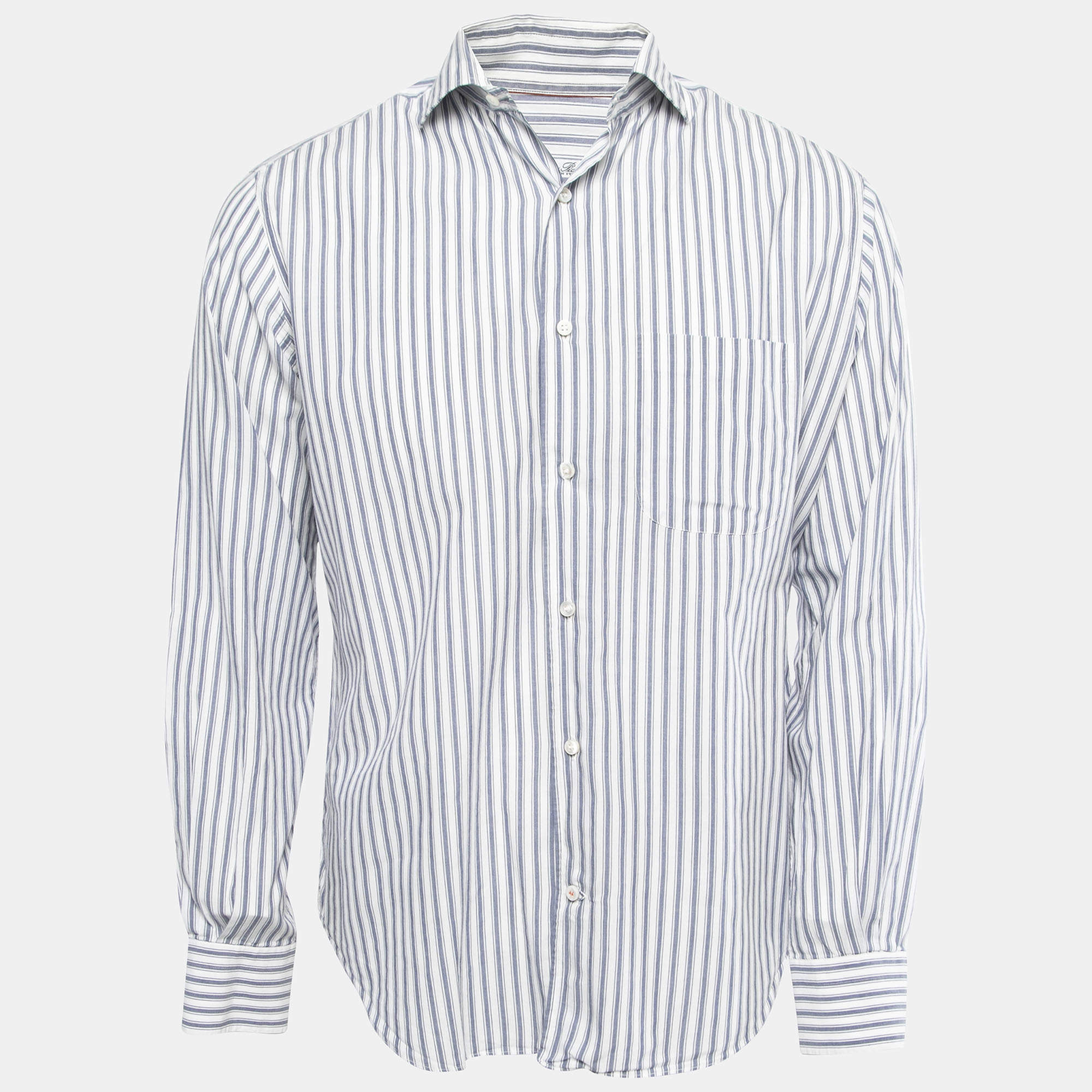 Pre Owned Loro Piana White/Blue Striped Cotton Full Sleeve Shirt M