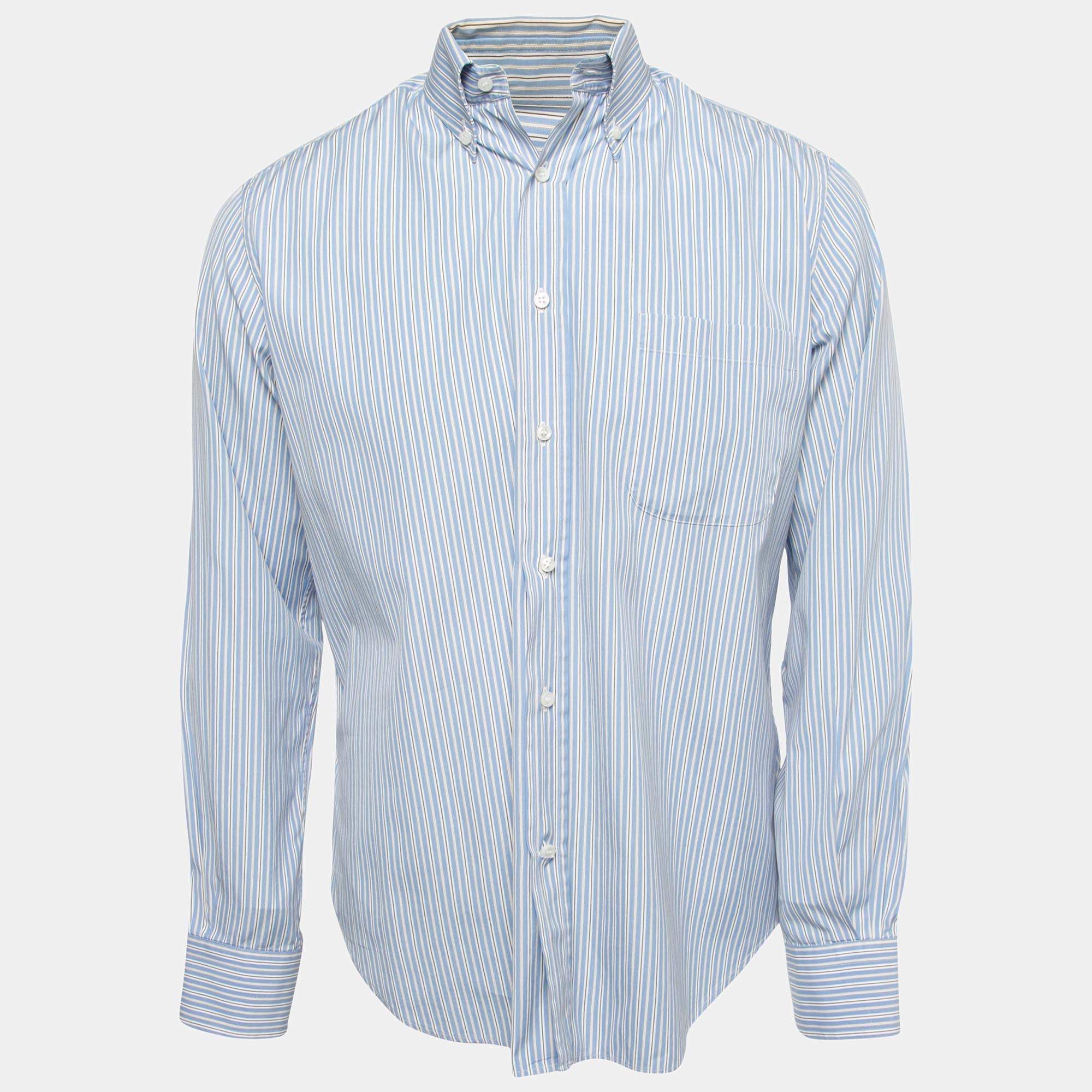 Pre Owned Loro Piana Blue Striped Cotton Full Sleeve Shirt M