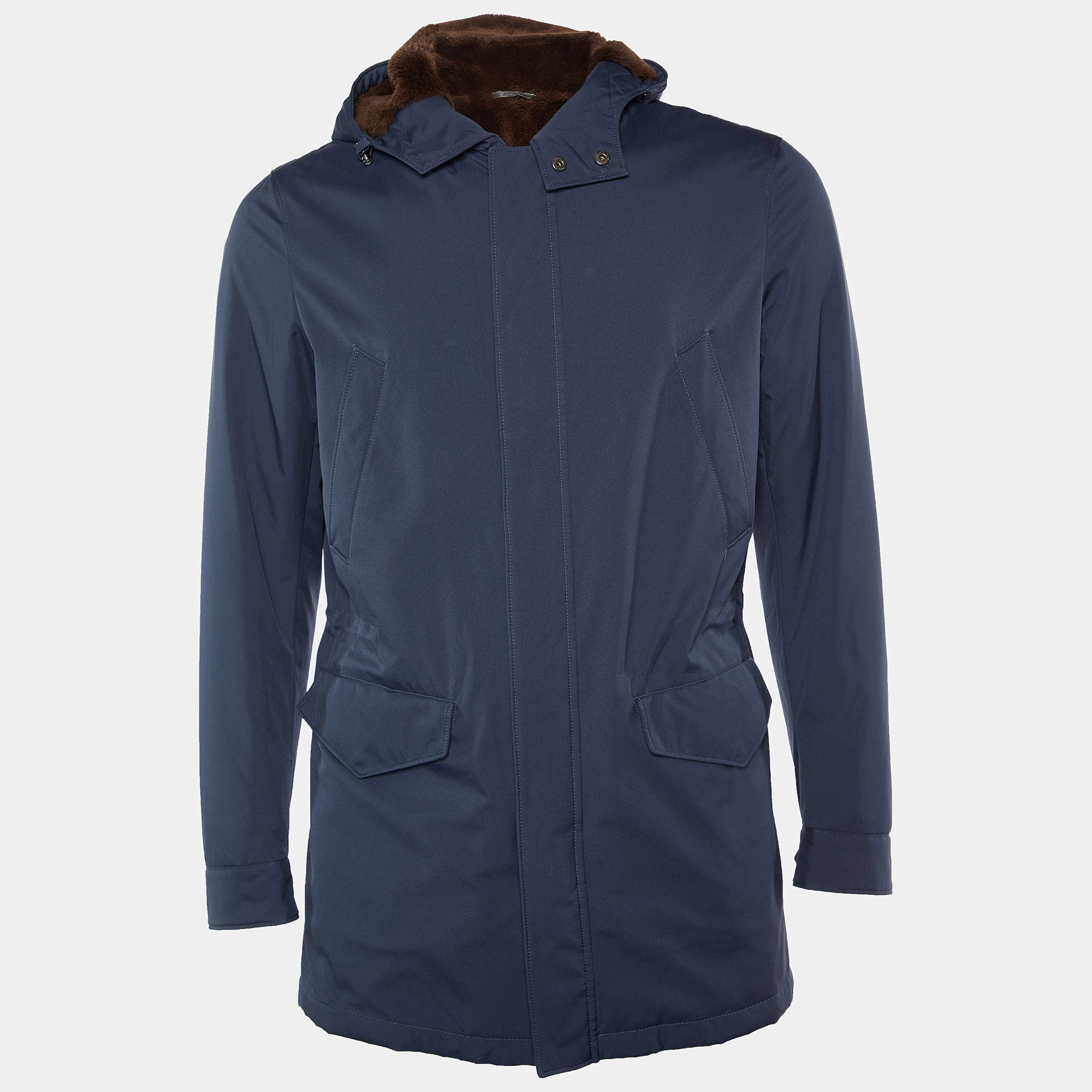 Pre Owned Loro Piana Navy Blue Synthetic Fur Lined Storm System Hooded Jacket S
