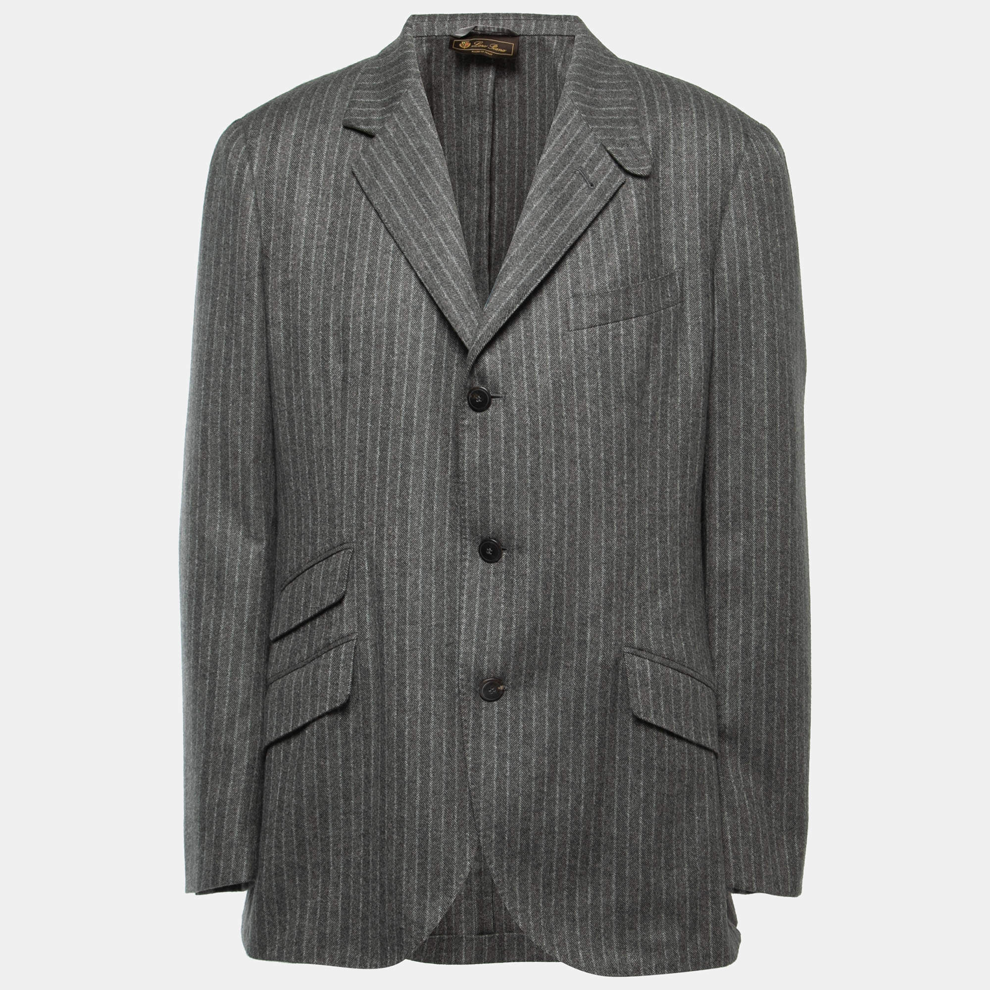Pre Owned Loro Piana Grey Striped Cashmere Single Breasted Blazer XXL