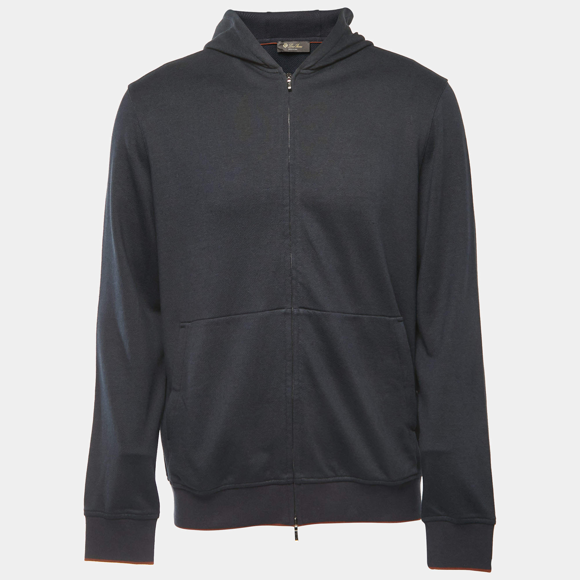 Pre Owned Loro Piana Navy Blue Knit Zip Front Hooded Jacket L 