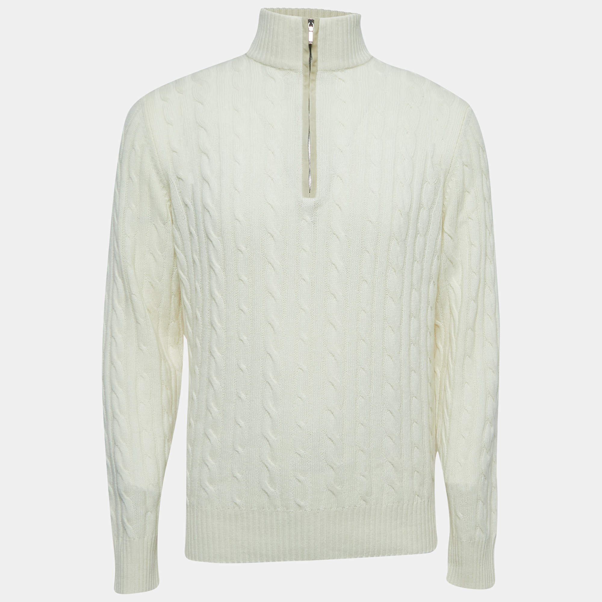Loro Piana Ivory White Baby Cashmere Zip-Up Sweater XL
