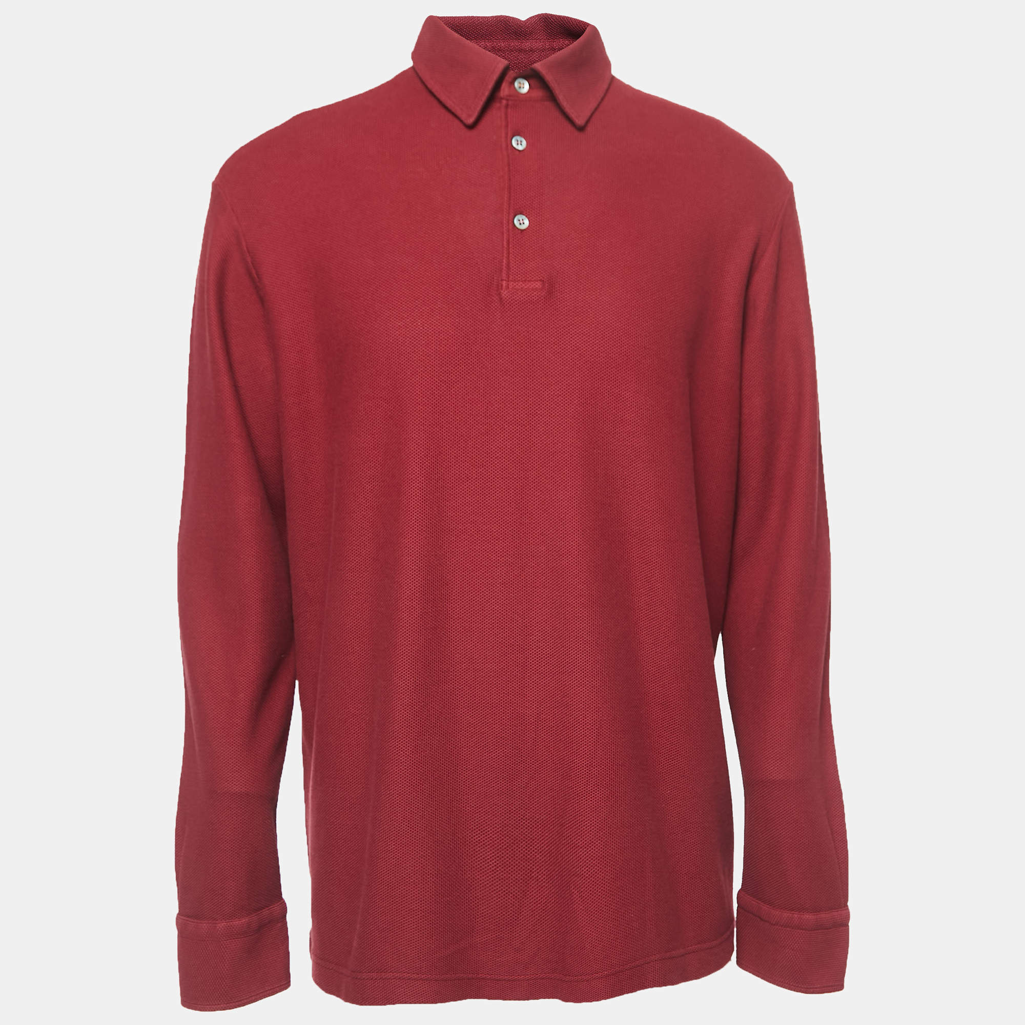 Pre Owned Loro Piana Red Cotton Long Sleeve Polo T-Shirt XXL