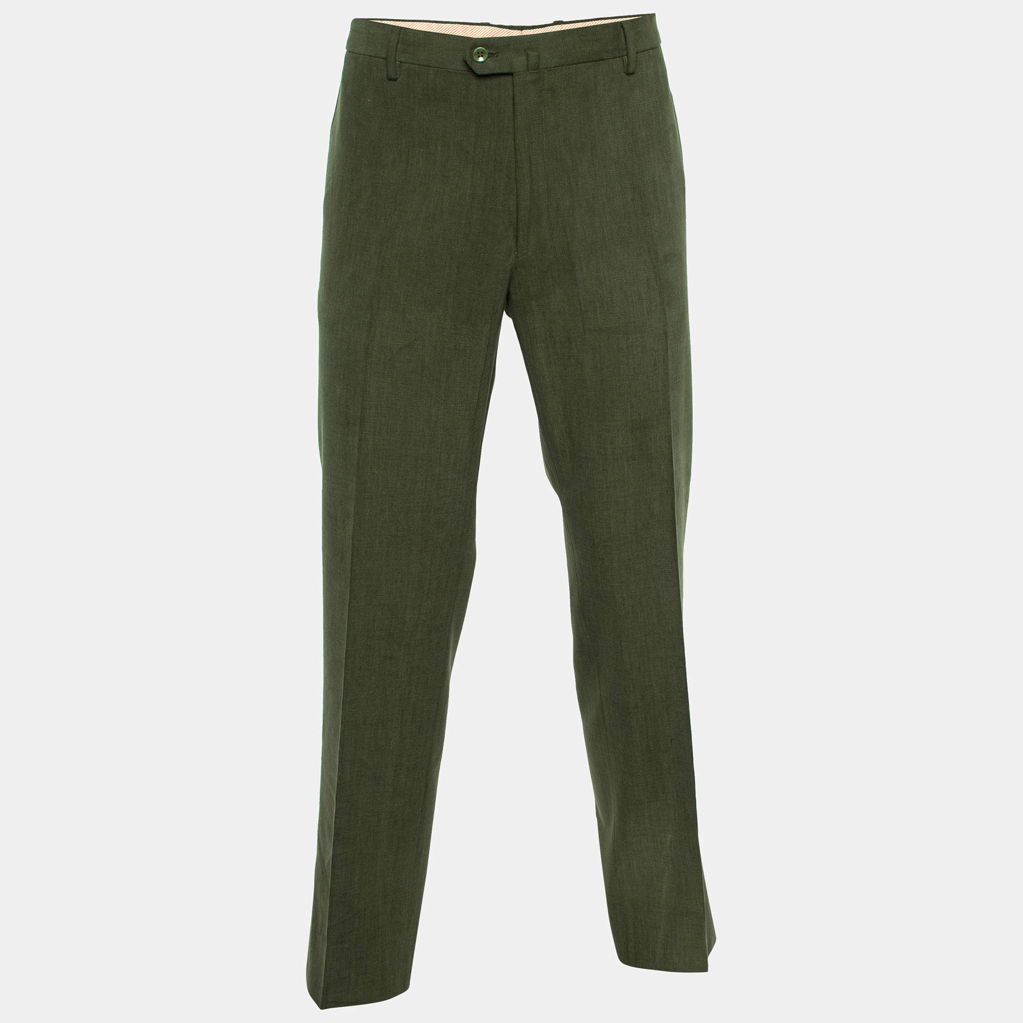 Pre Owned Loro Piana Dark Green Textured Cotton Straight Leg Pants 3XL 
