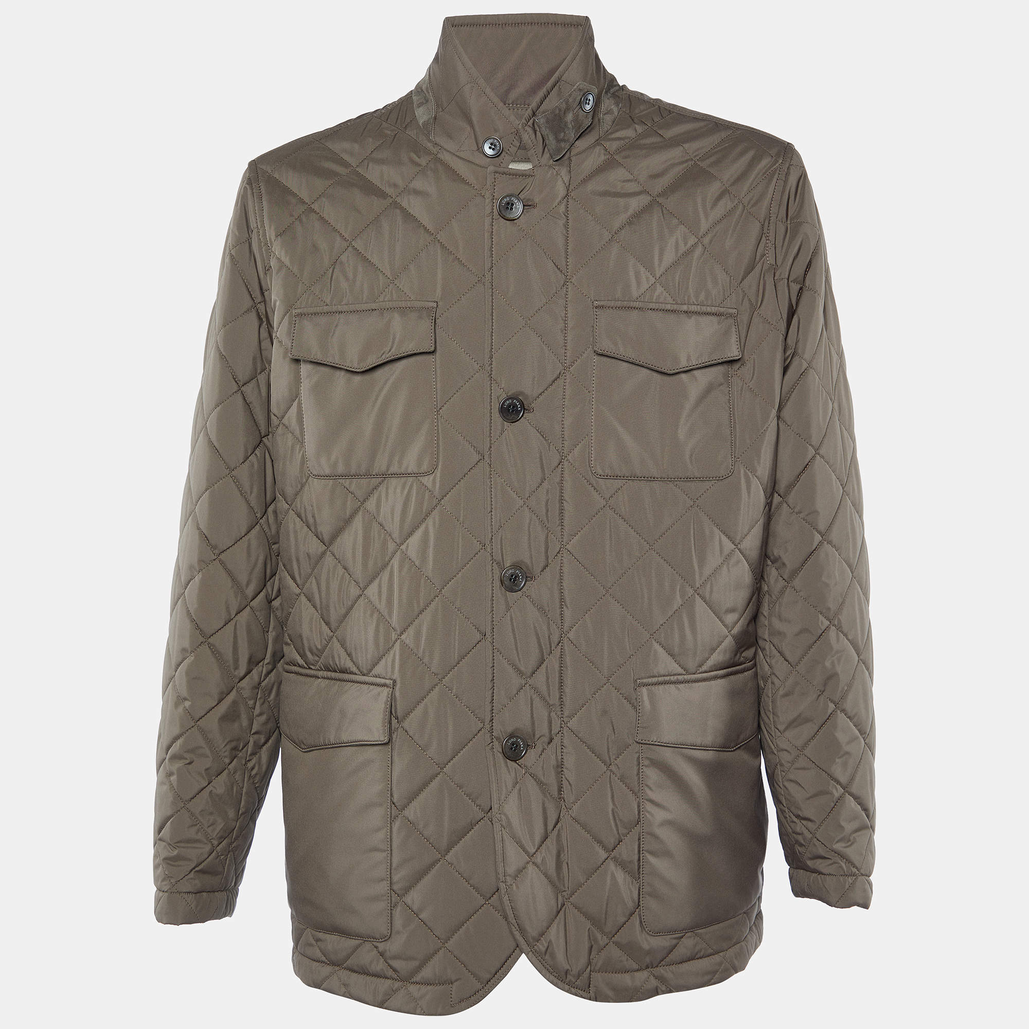 Pre Owned Loro Piana Brown Diamond Quilted Leather Trim Detail Jacket XXL