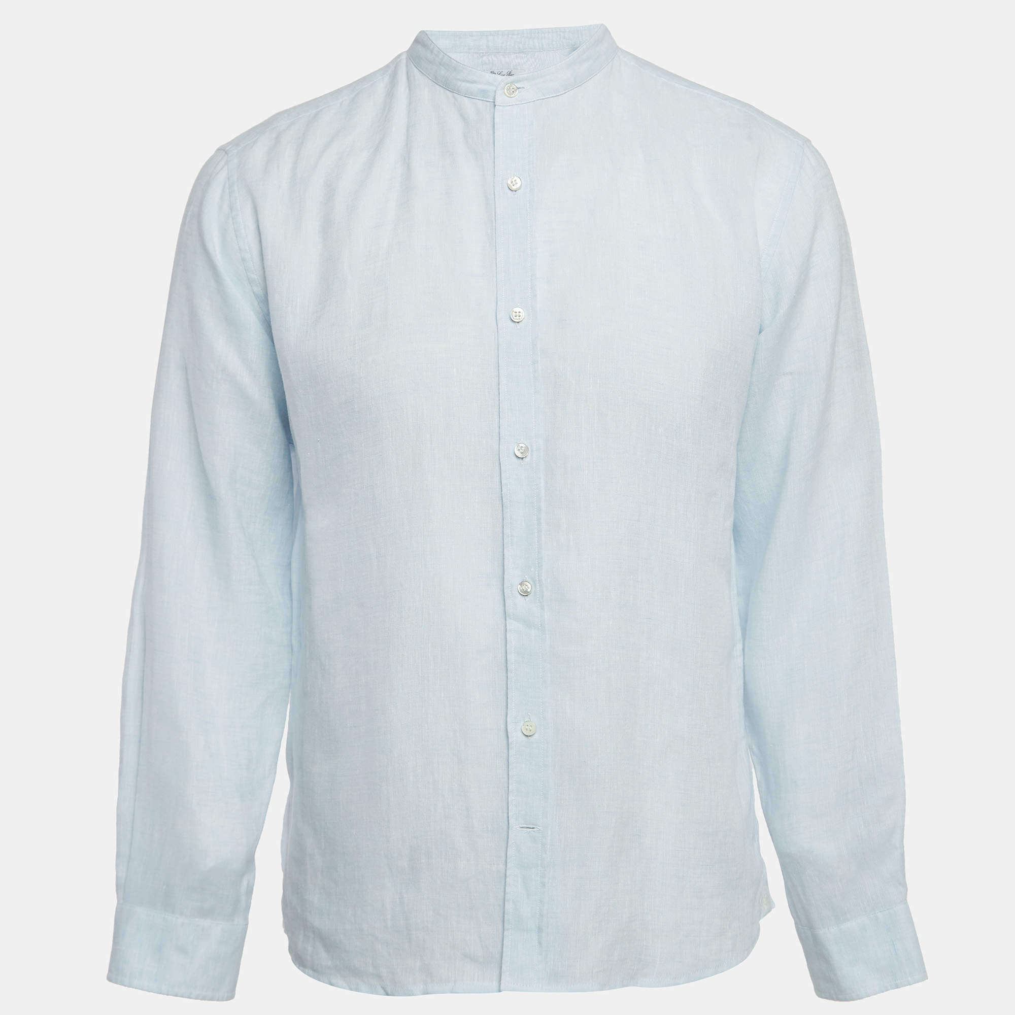 Pre Owned Loro Piana Blue Linen Mandarin Collar Shirt XL