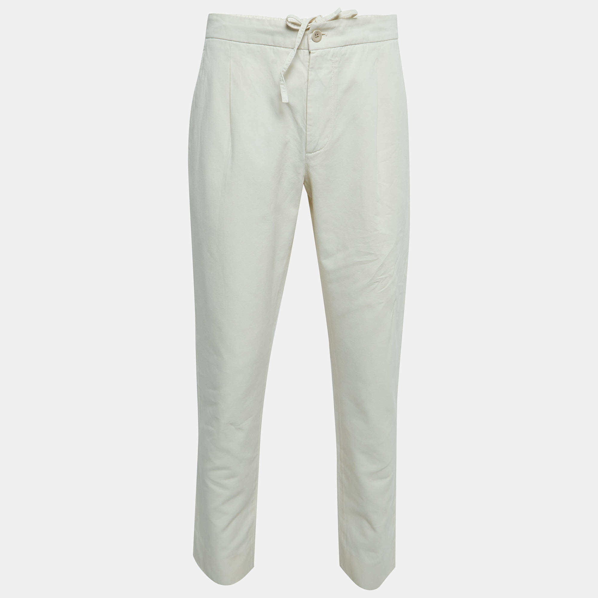 Pre Owned Loro Piana Off White Linen Blend Drawstring Trousers L