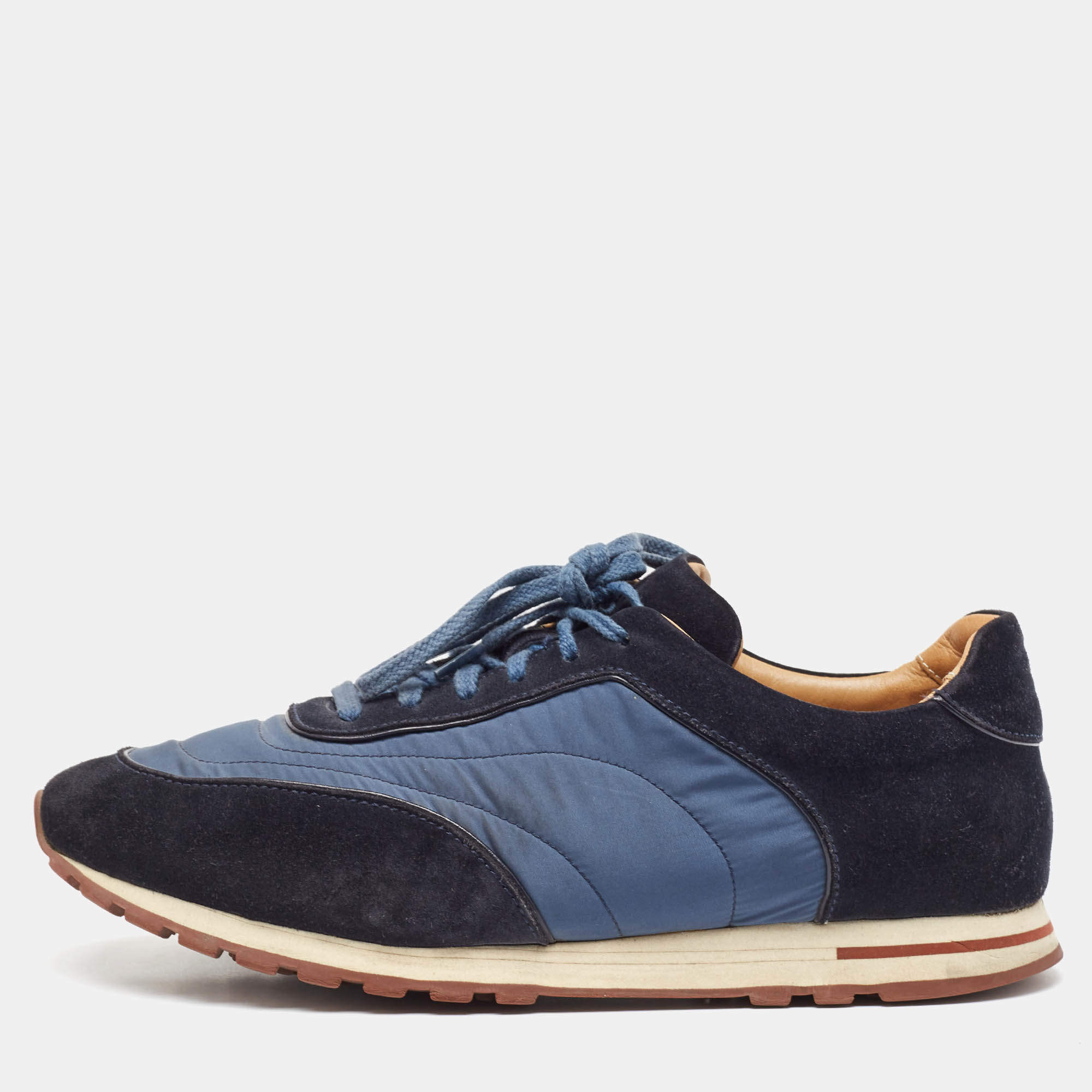 Loro Piana Blue/Navy Blue Suede And Nylon Low Top Sneakers Size 42