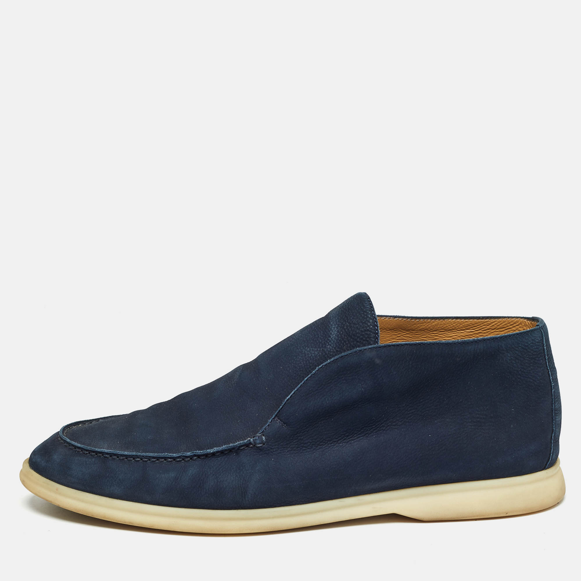 Pre Owned Loro Piana Navy Blue Nubuck Leather Ankle Length Boots Size 45