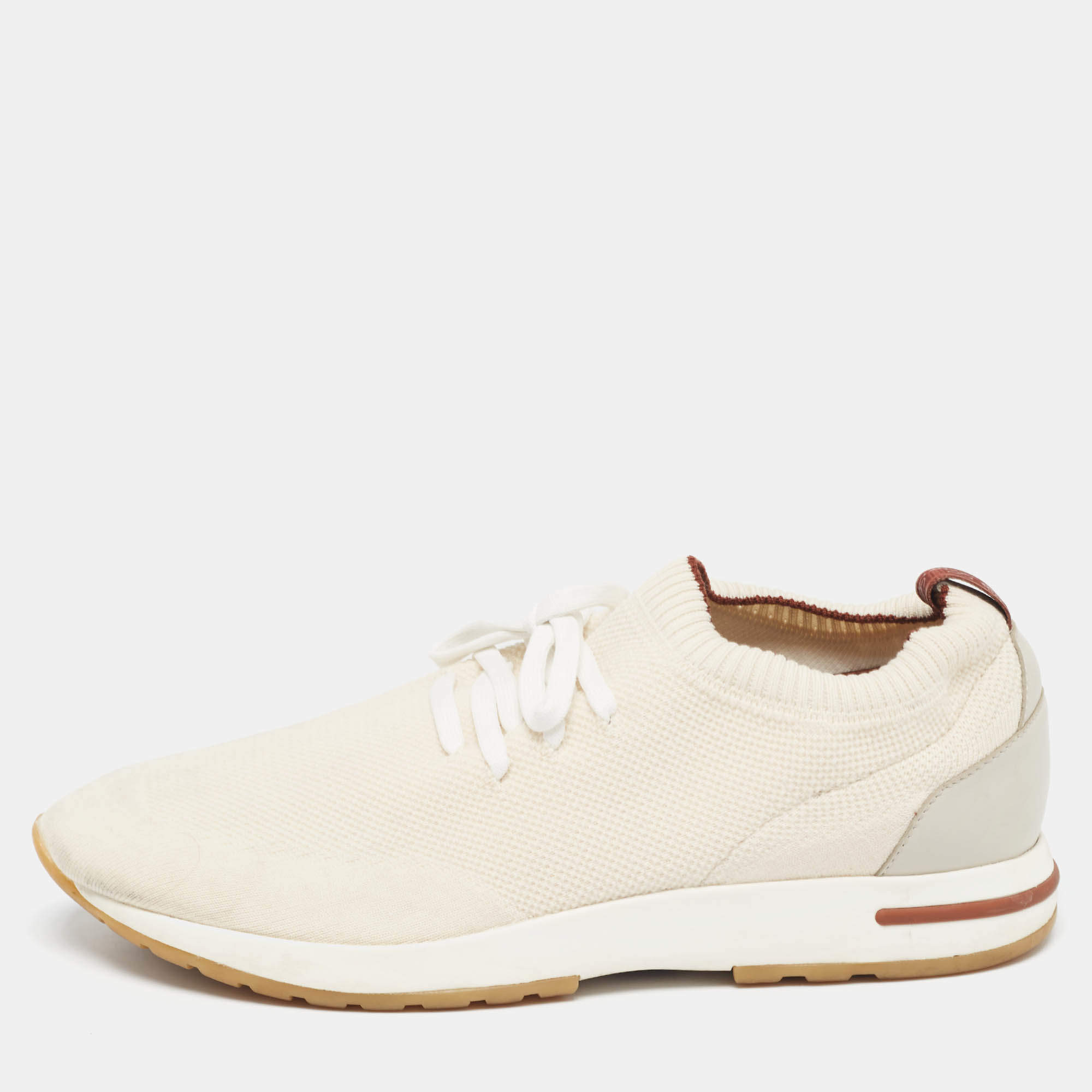 Pre Owned Loro Piana White/Grey Knit Fabric and Leather 360 LP Flexy Walk Lace Up Sneakers Size 44