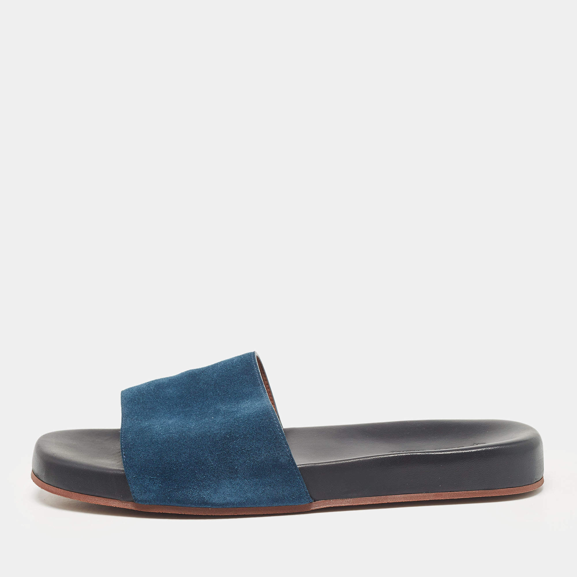 Pre Owned Loro Piana Dark Blue Suede Flat Slides Size 43