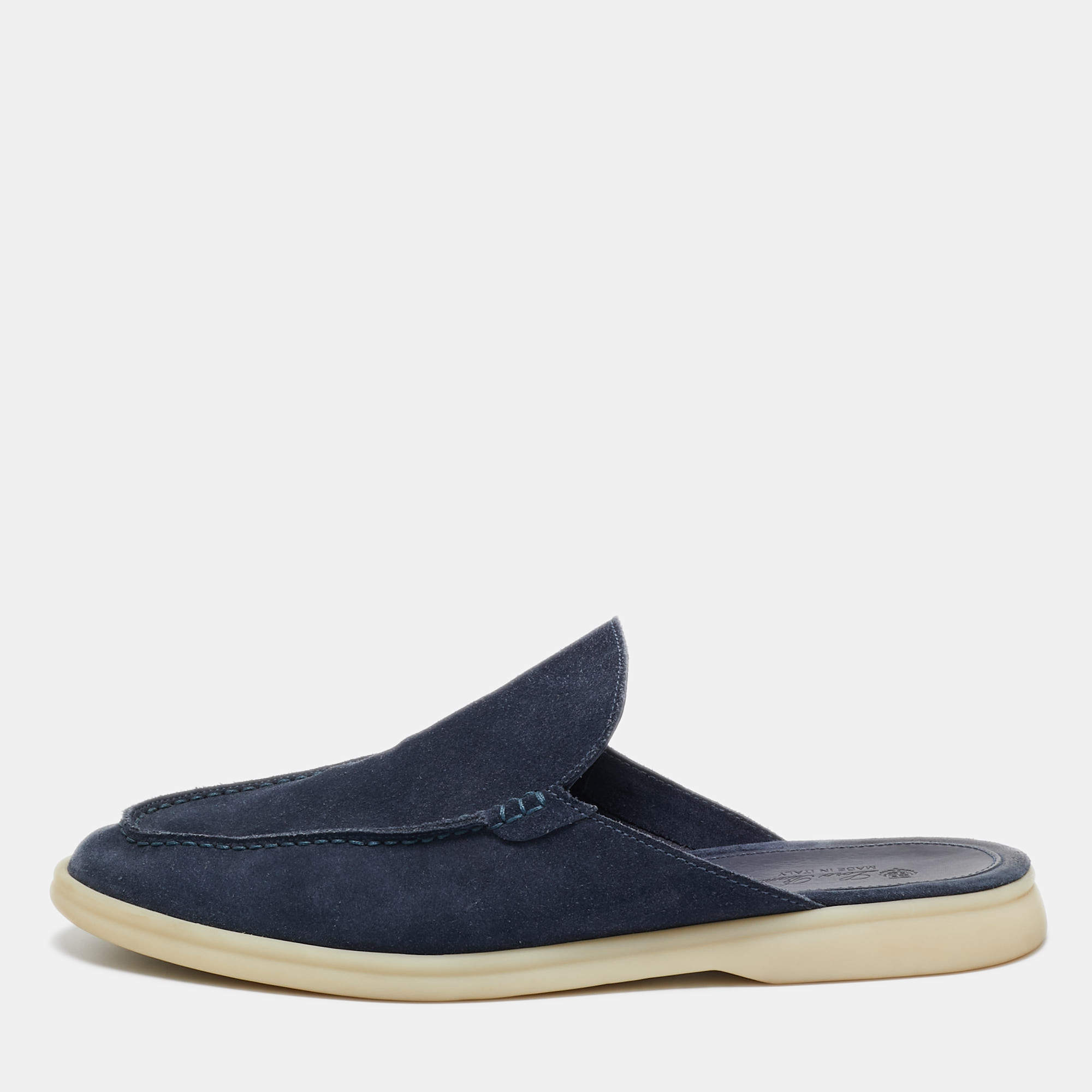 Pre Owned Loro Piana Navy Blue Suede Babouche Walk Mules Size 43.5
