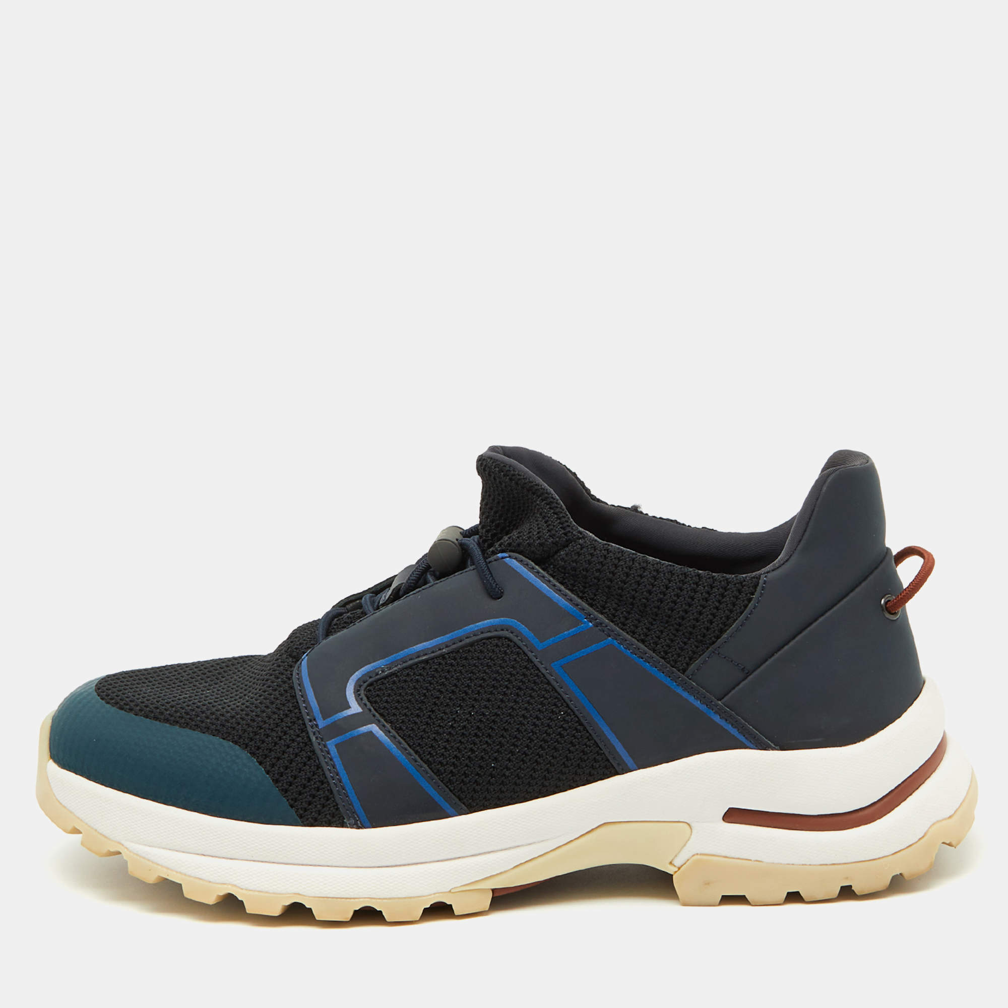 Pre Owned Loro Piana Navy Blue Knit Fabric and Neoprene Modular Walk Low Top Sneakers Size 40.5