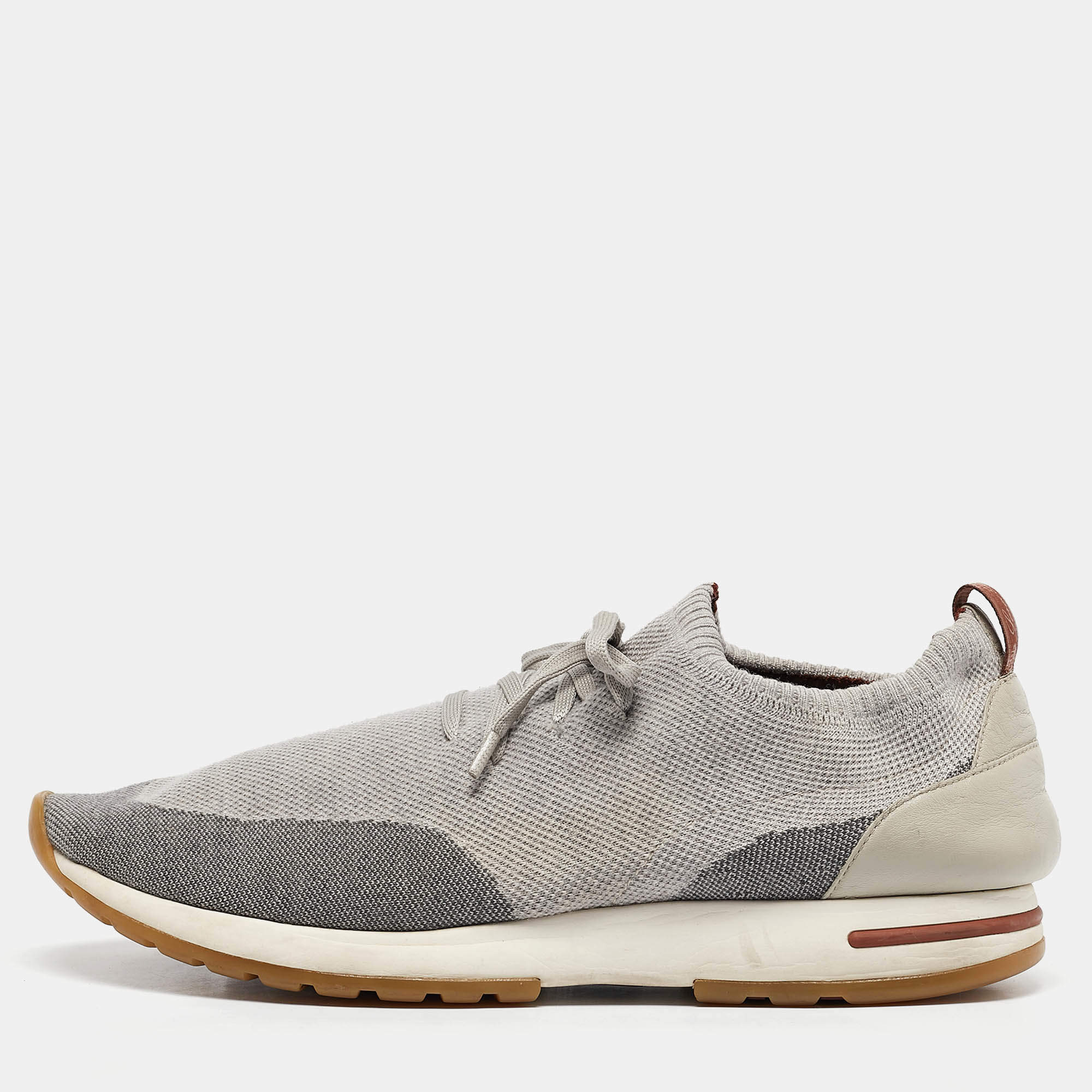 Pre Owned Loro Piana Grey Knit Fabric and Leather 360 LP Flexy Walk Low Top Sneakers Size 46