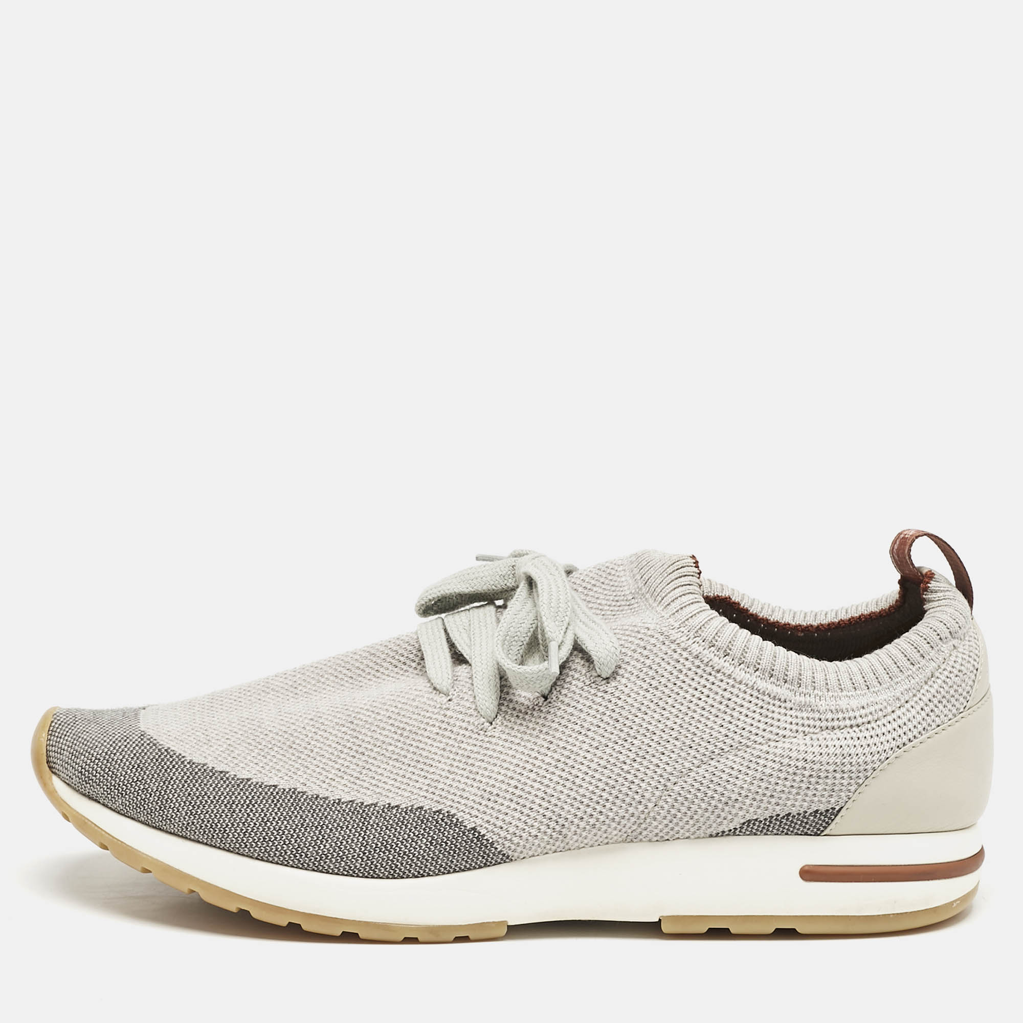 Pre Owned Loro Piana Grey/Cream Knit Fabric and Leather 360 Flexy Walker Slip On Sneakers Size 43