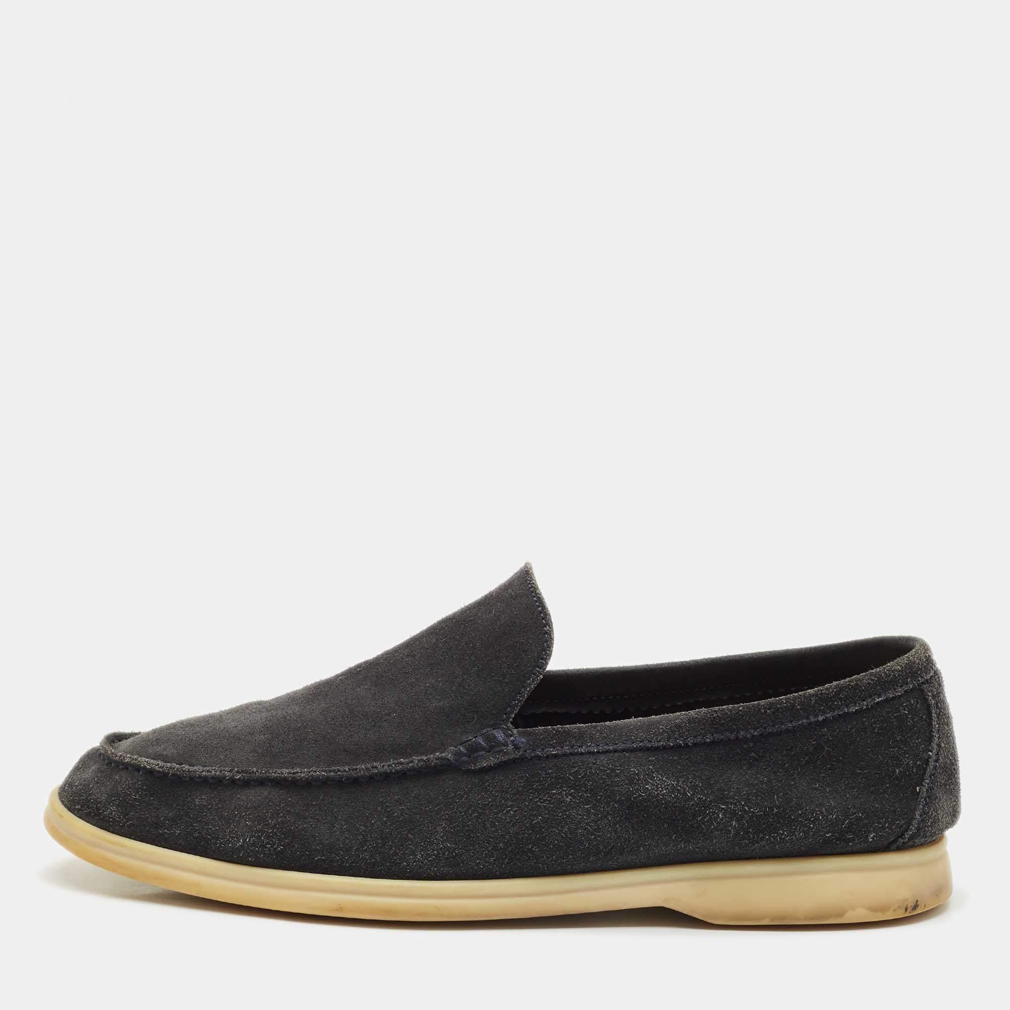 Pre Owned Loro Piana Navy Blue Suede Summer Walk Loafers Size 44.5