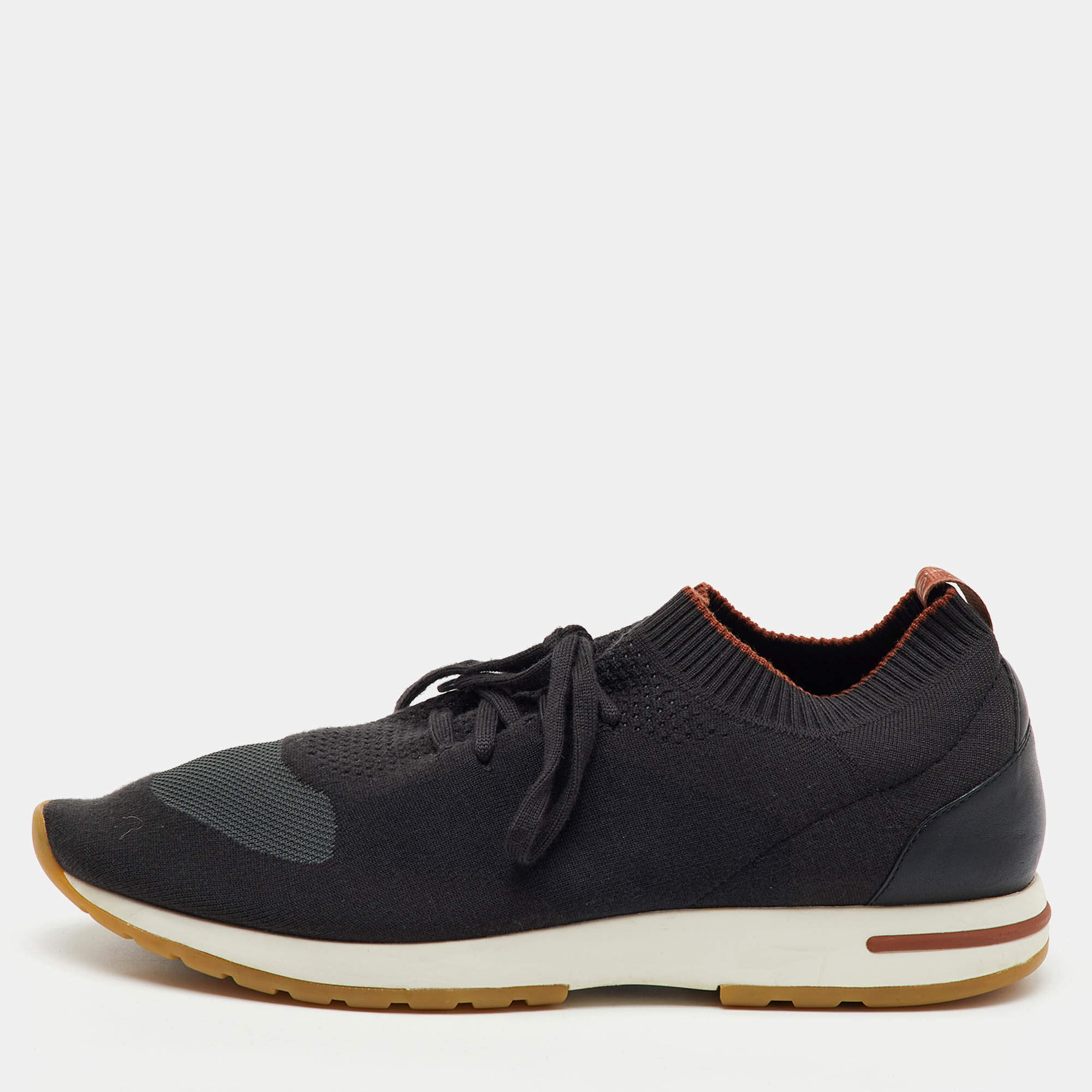 Pre Owned Loro Piana Black/Grey Knit Fabric and Leather 360 LP Flexy Walk Sneakers Size 46