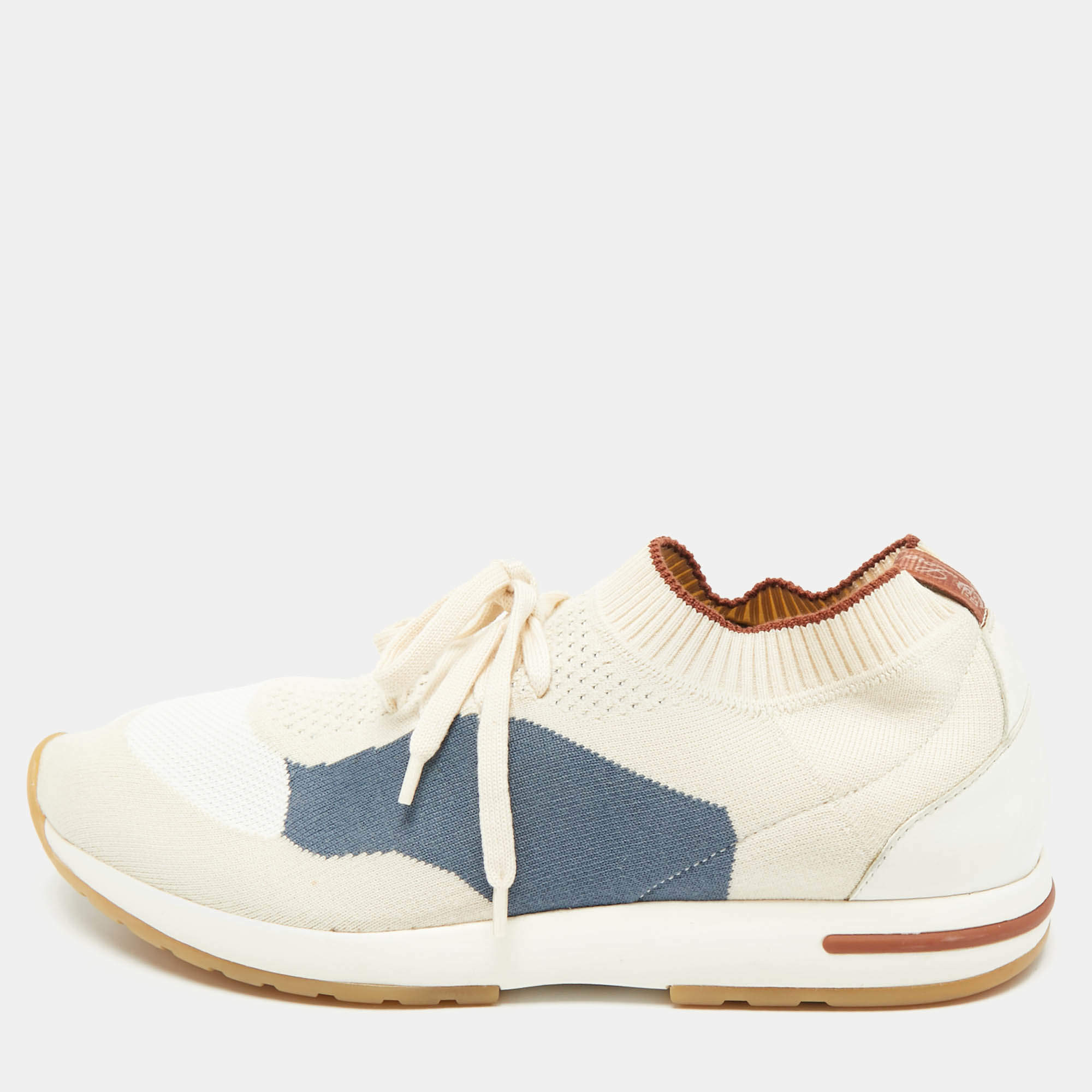 Pre Owned Loro Piana Grey/Cream Knit Fabric and Leather 360 Flexy Walker Slip On Sneakers Size 42