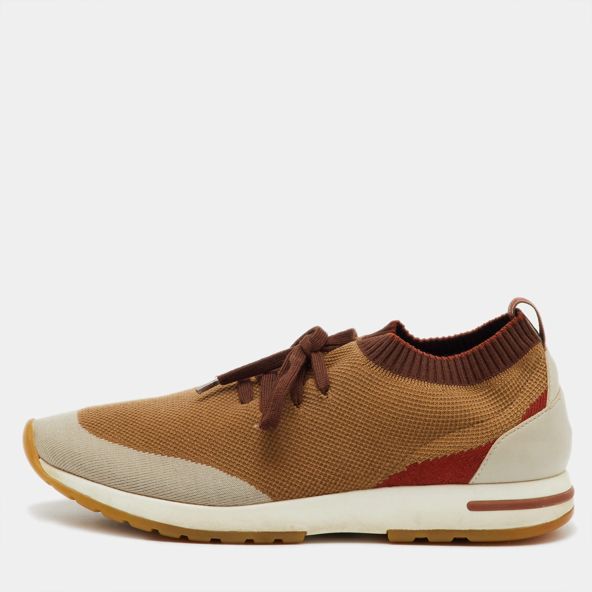 Pre Owned Loro Piana Brown Knit Fabric 360 Flexy Walk Lace Up Sneakers Size 42