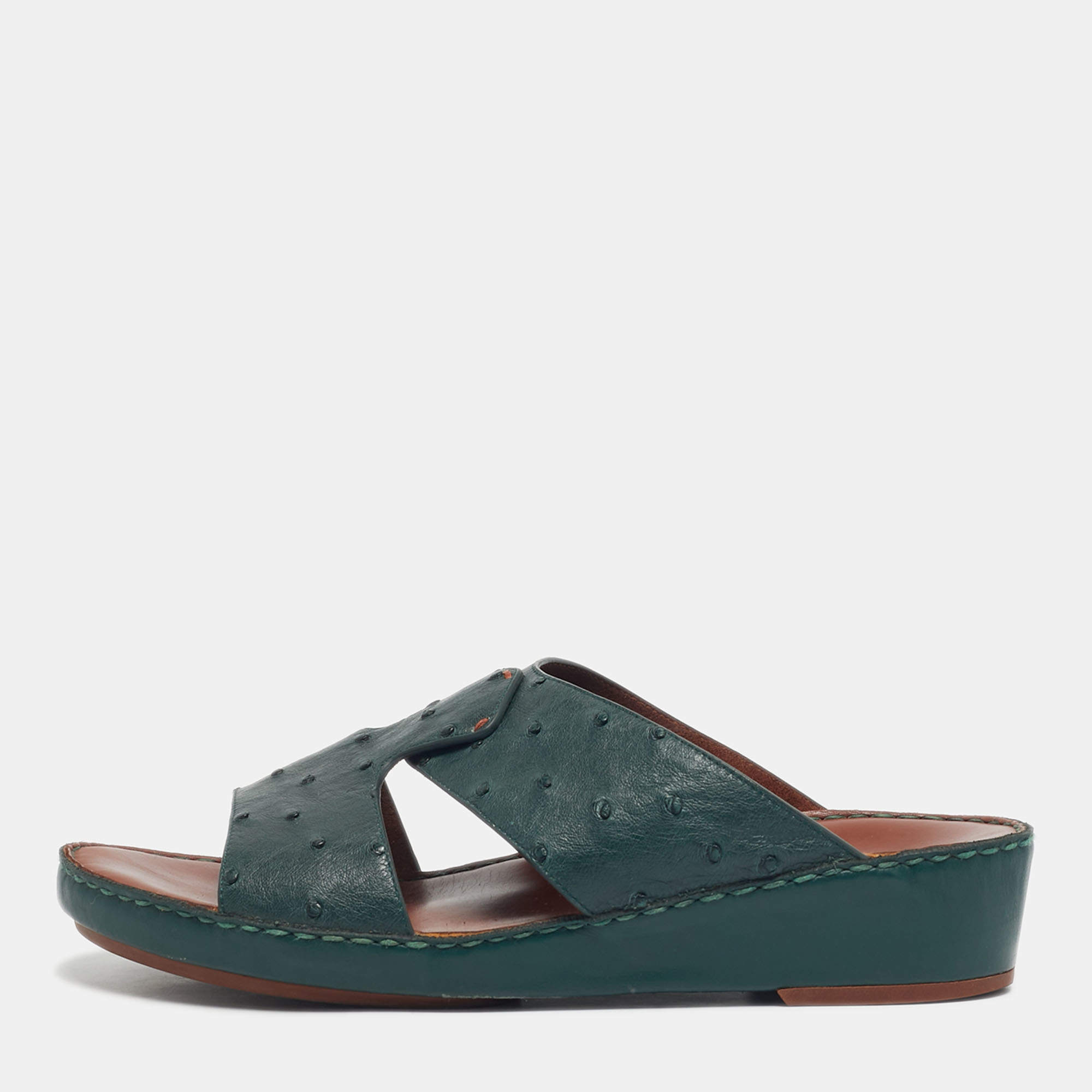 Pre Owned Loro Piana Green Ostrich Leather Slip On Sandals Size 42