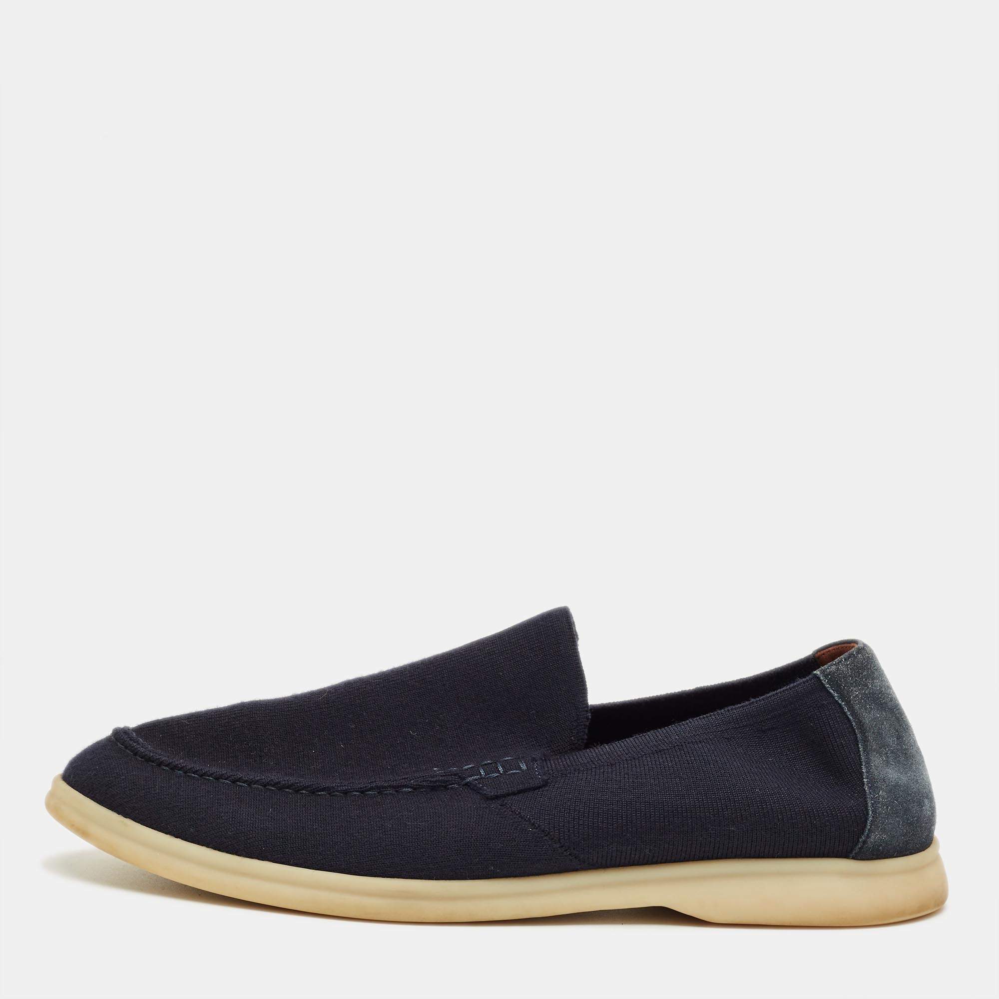 Pre Owned Loro Piana Navy Blue Knit Fabric and Suede Summer Walk Slip On Loafers Size 42