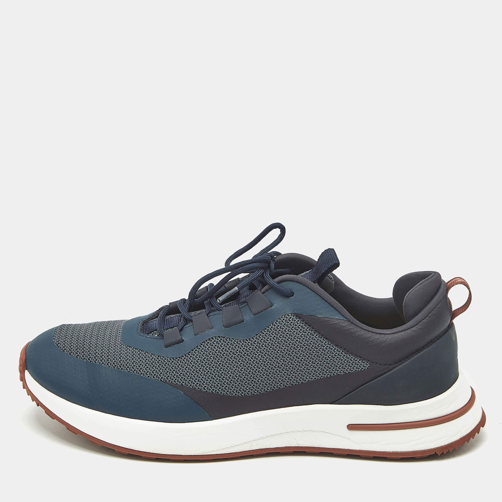 Pre Owned Loro Piana Navy Blue Knit Fabric and Leather Week End Walk Lace Up Sneakers Size 42