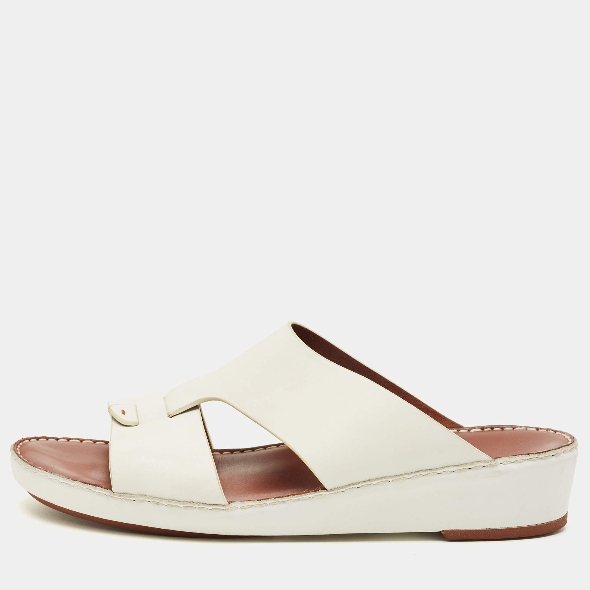 Pre Owned Loro Piana Buckle Size 43.5 White Leather Slide Sandals